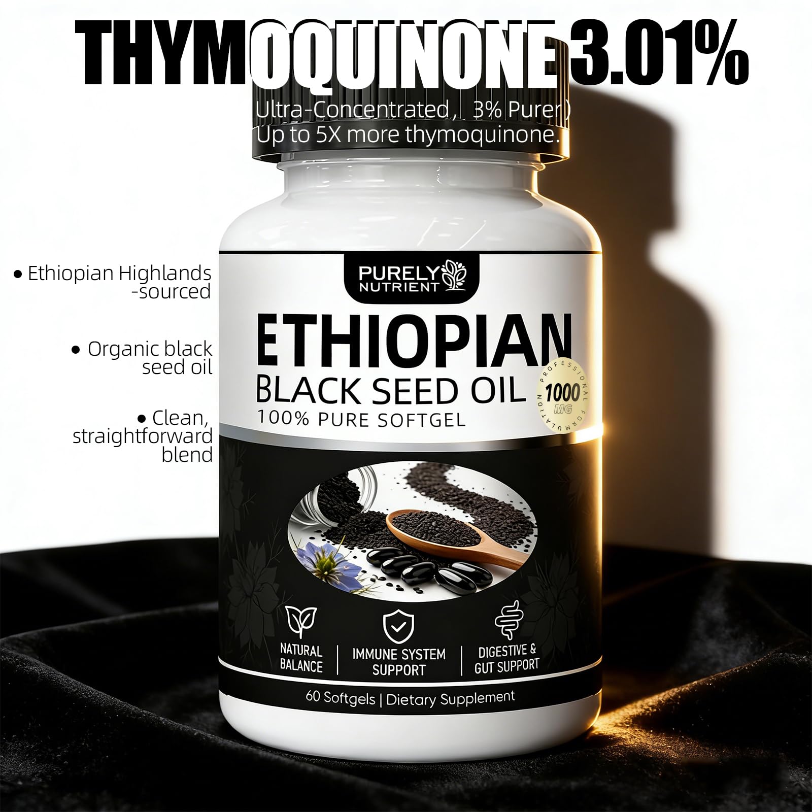 LANZF Black Seed Oil Softgels in a hand for size comparison