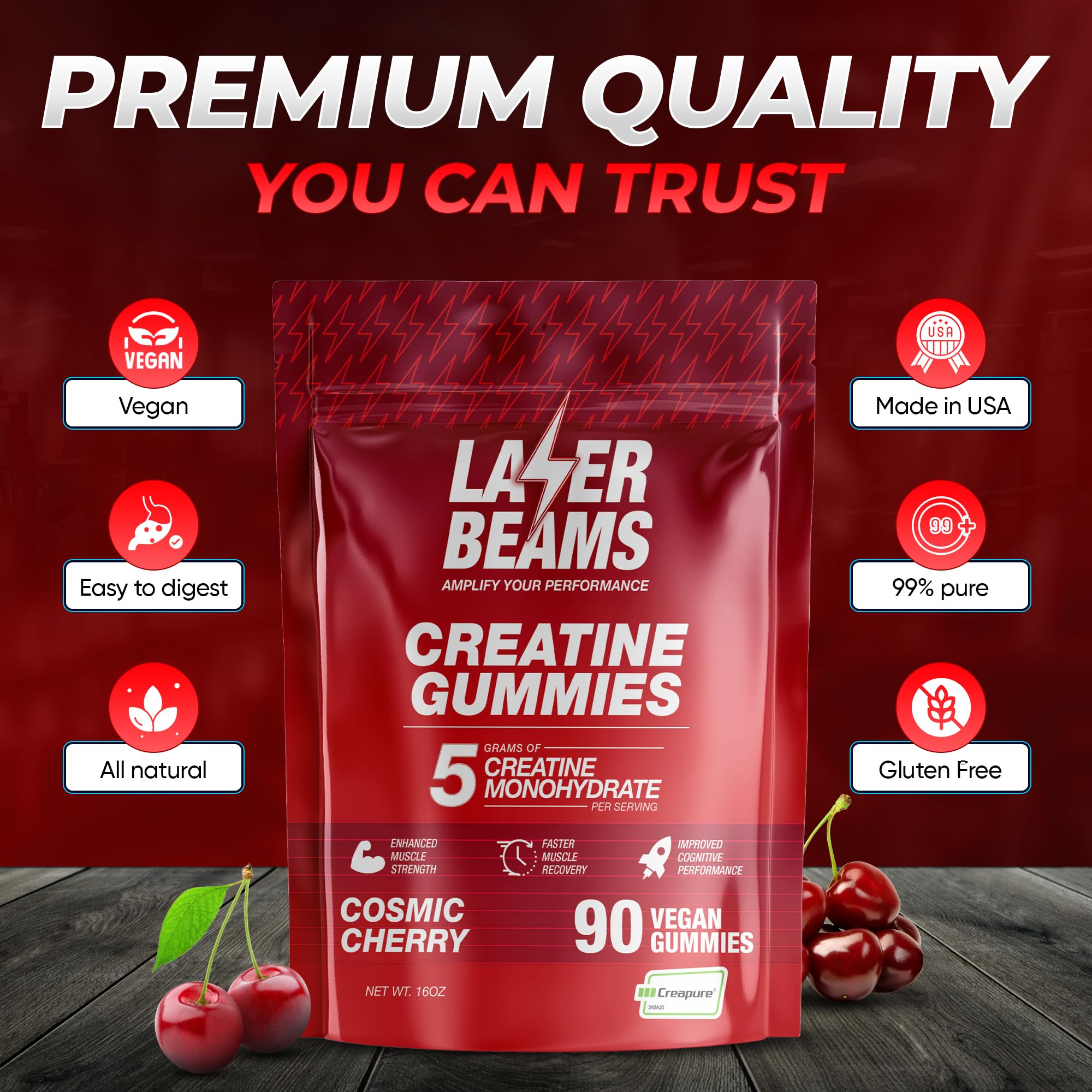 Laser Beams Creatine Gummies 410g back view with ingredients list