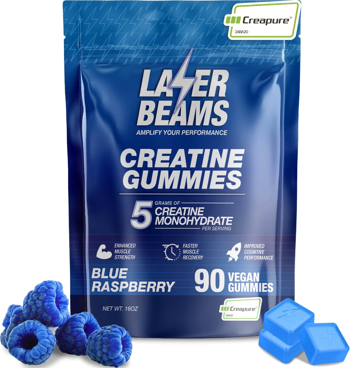 Laser Beams Creatine Gummies blue raspberry flavour front view