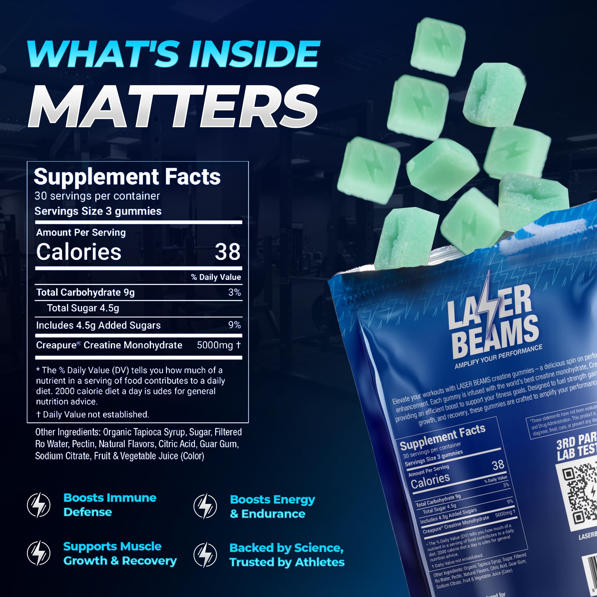 Laser Beams Creatine Gummies with fitness accessories