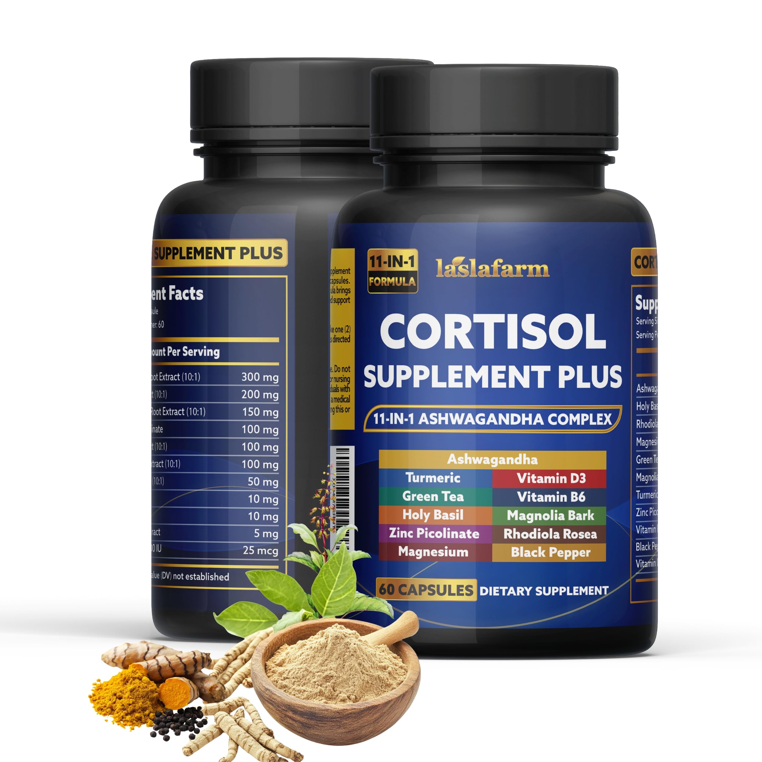 laslafarm Cortisol Complex Plus 11-in-1 Adaptogen Supplement bottle side view