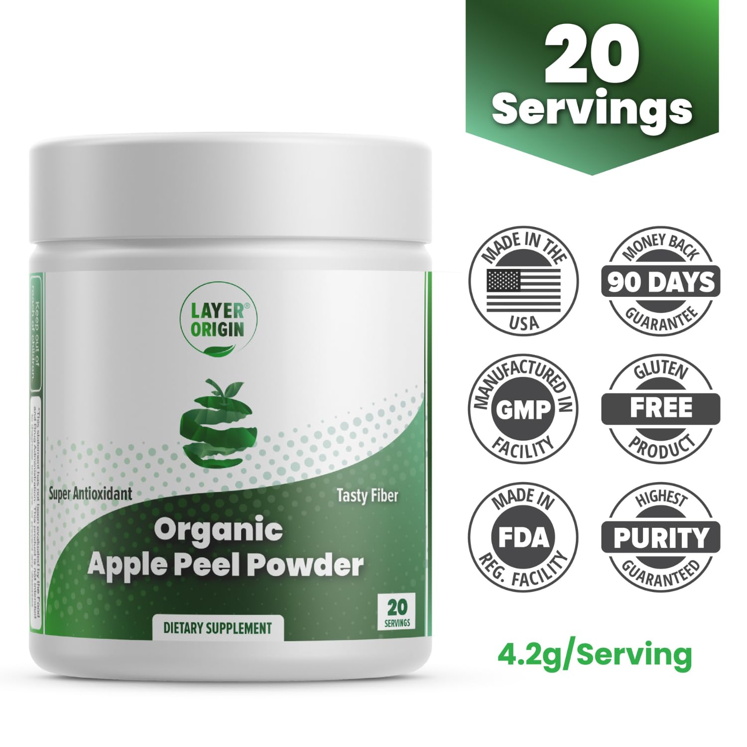 Layer Origin Organic Apple Peel Powder in a shaker bottle
