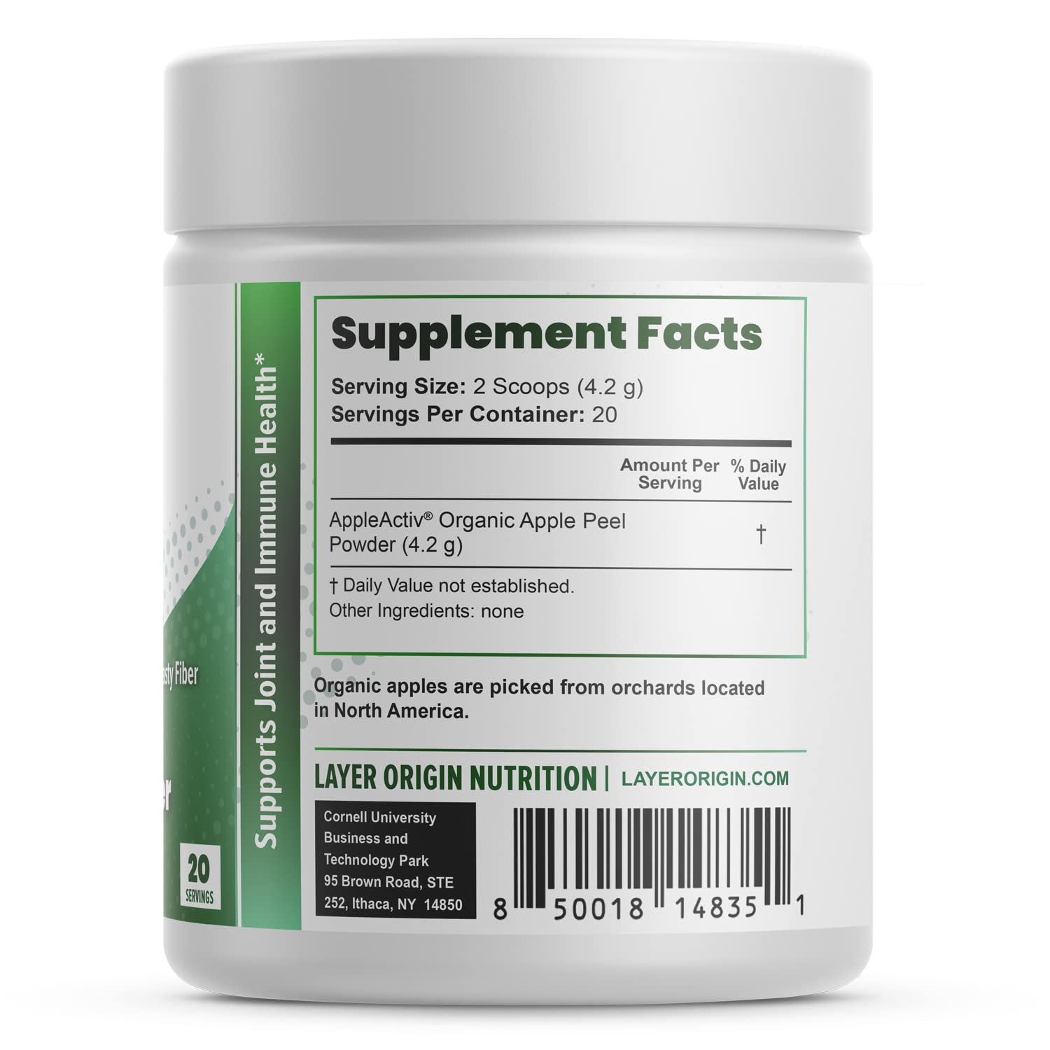 Layer Origin Organic Apple Peel Powder scoop next to packaging