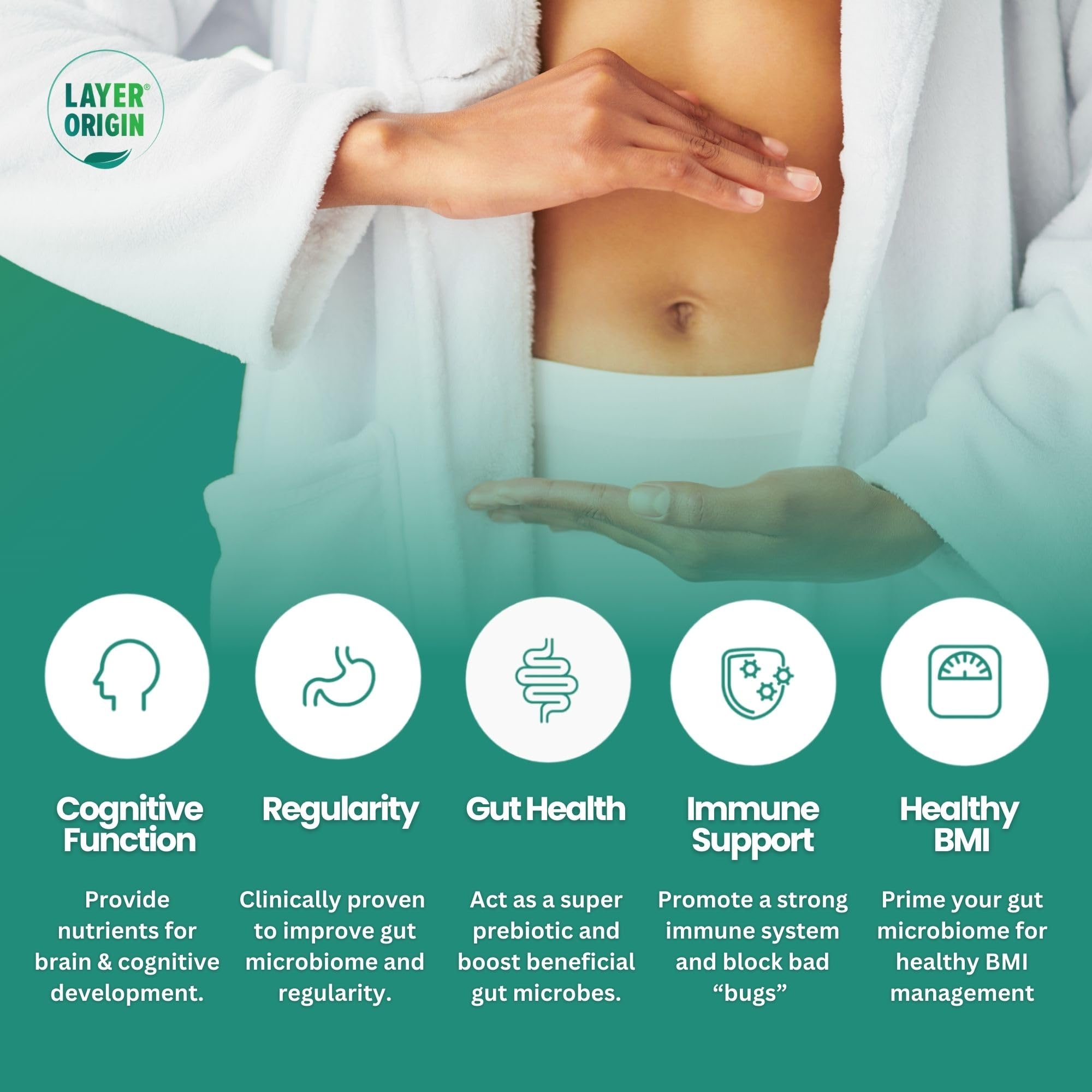 Layer Origin Prebiotic Powder 120g side view with nutritional details
