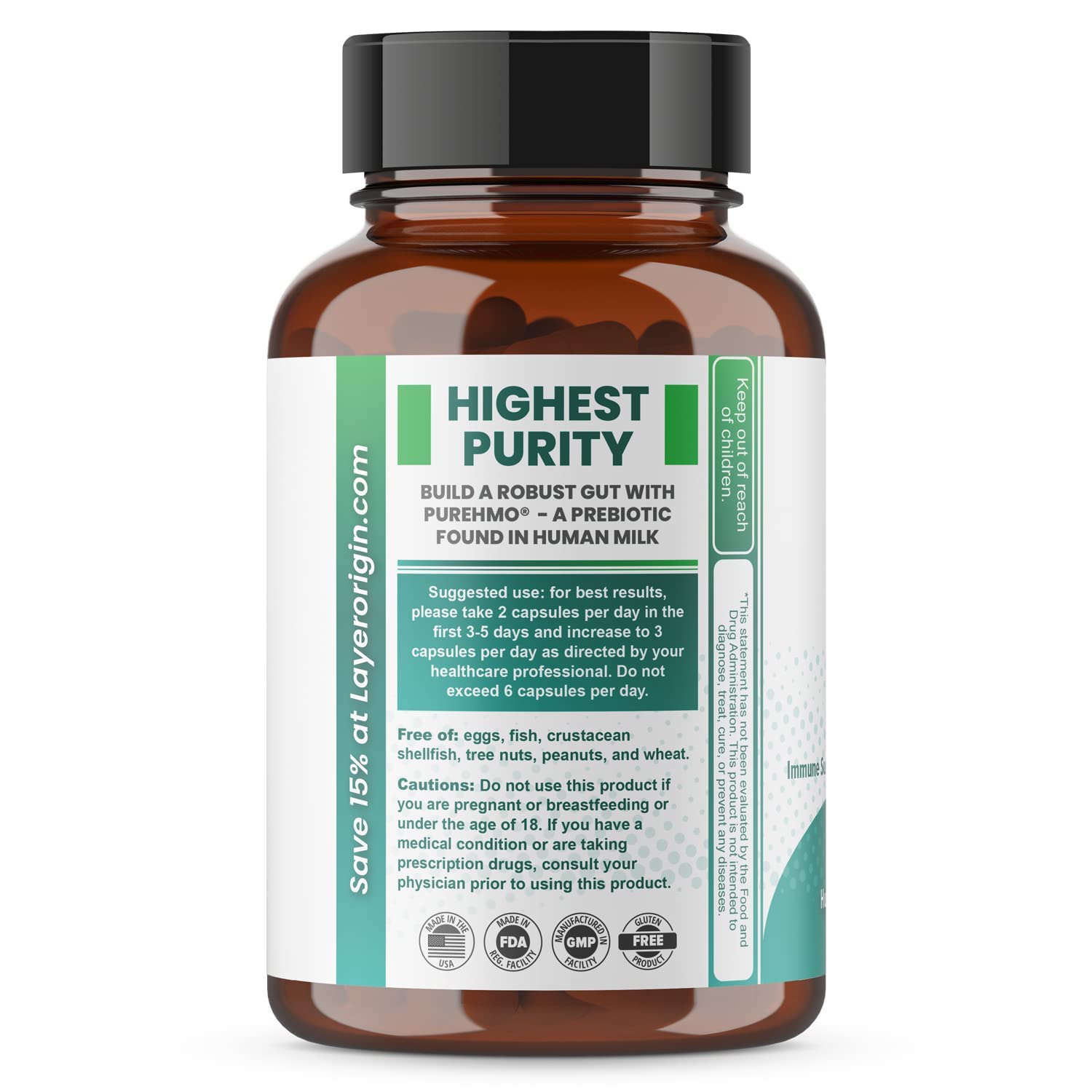 Layer Origin Prebiotic Powder 50g side view showing ingredient list