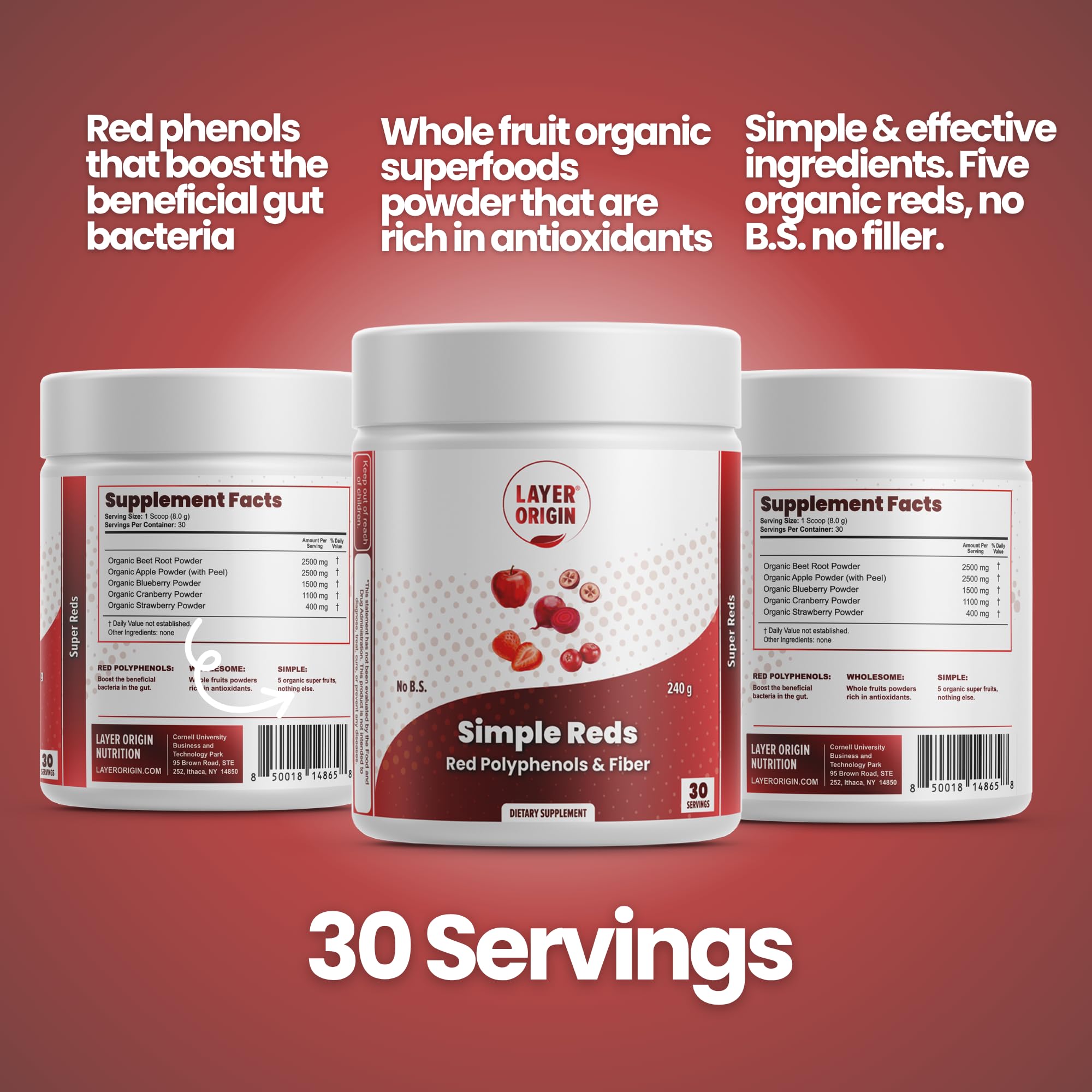 Layer Origin Simple Reds 240g displayed with other supplements