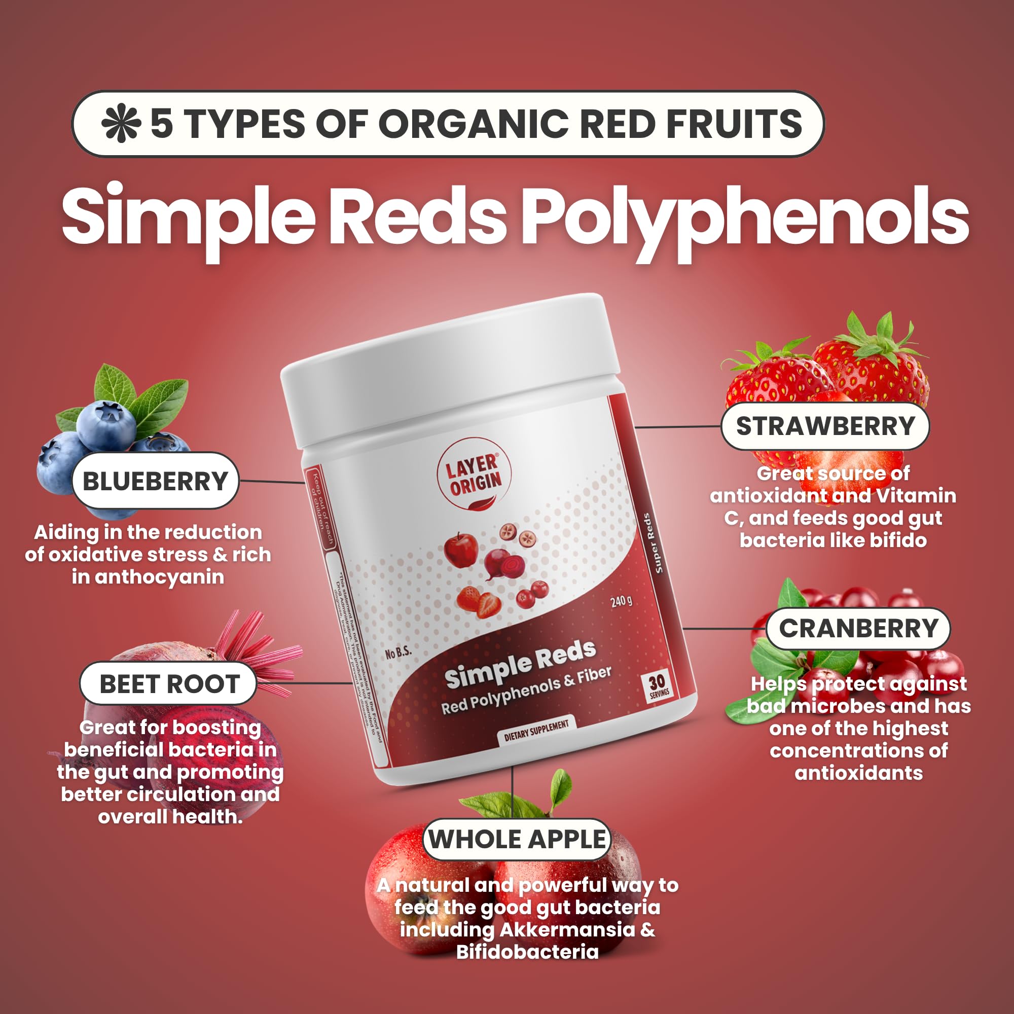 Layer Origin Simple Reds 240g lifestyle shot with fruits