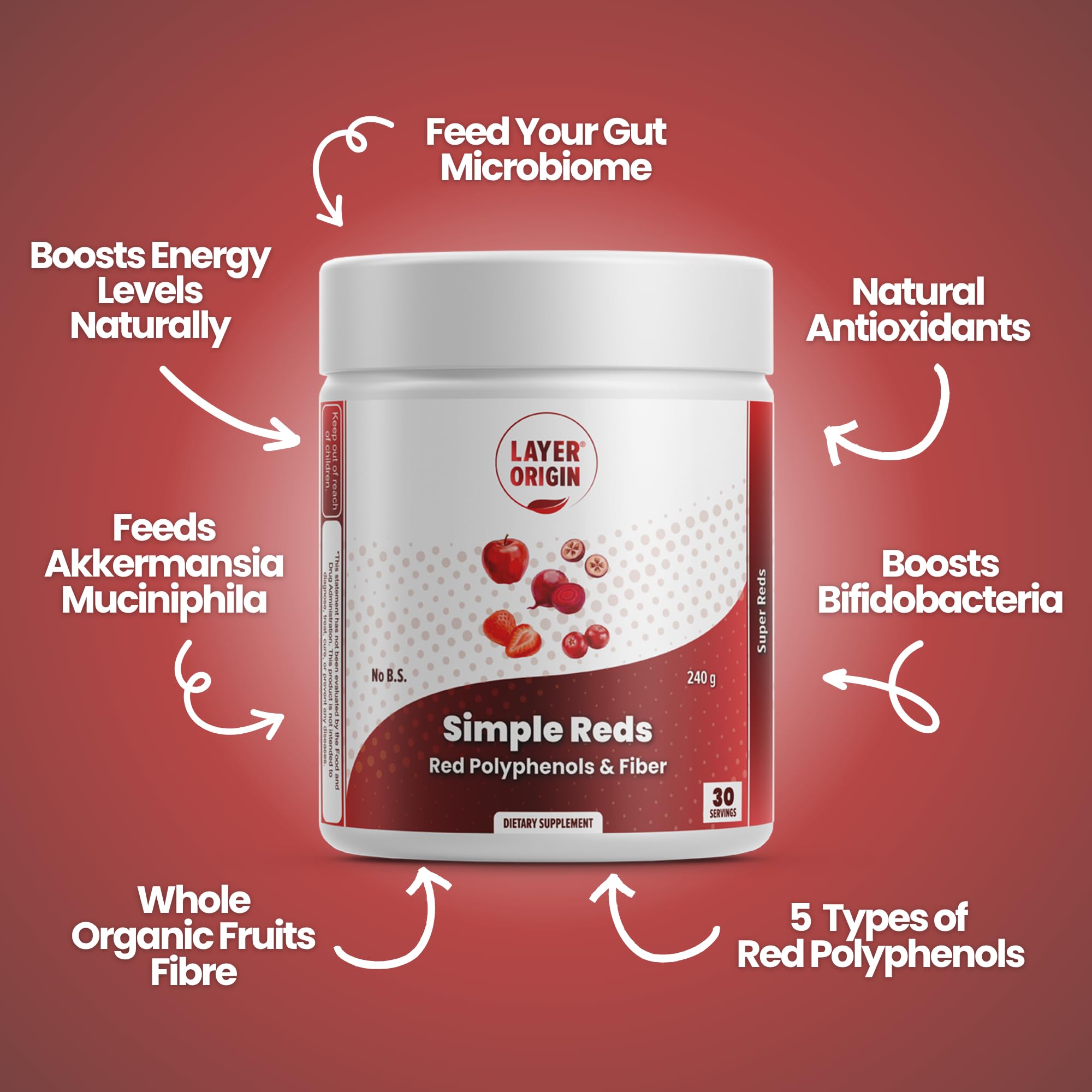 Layer Origin Simple Reds 240g side view showing ingredients