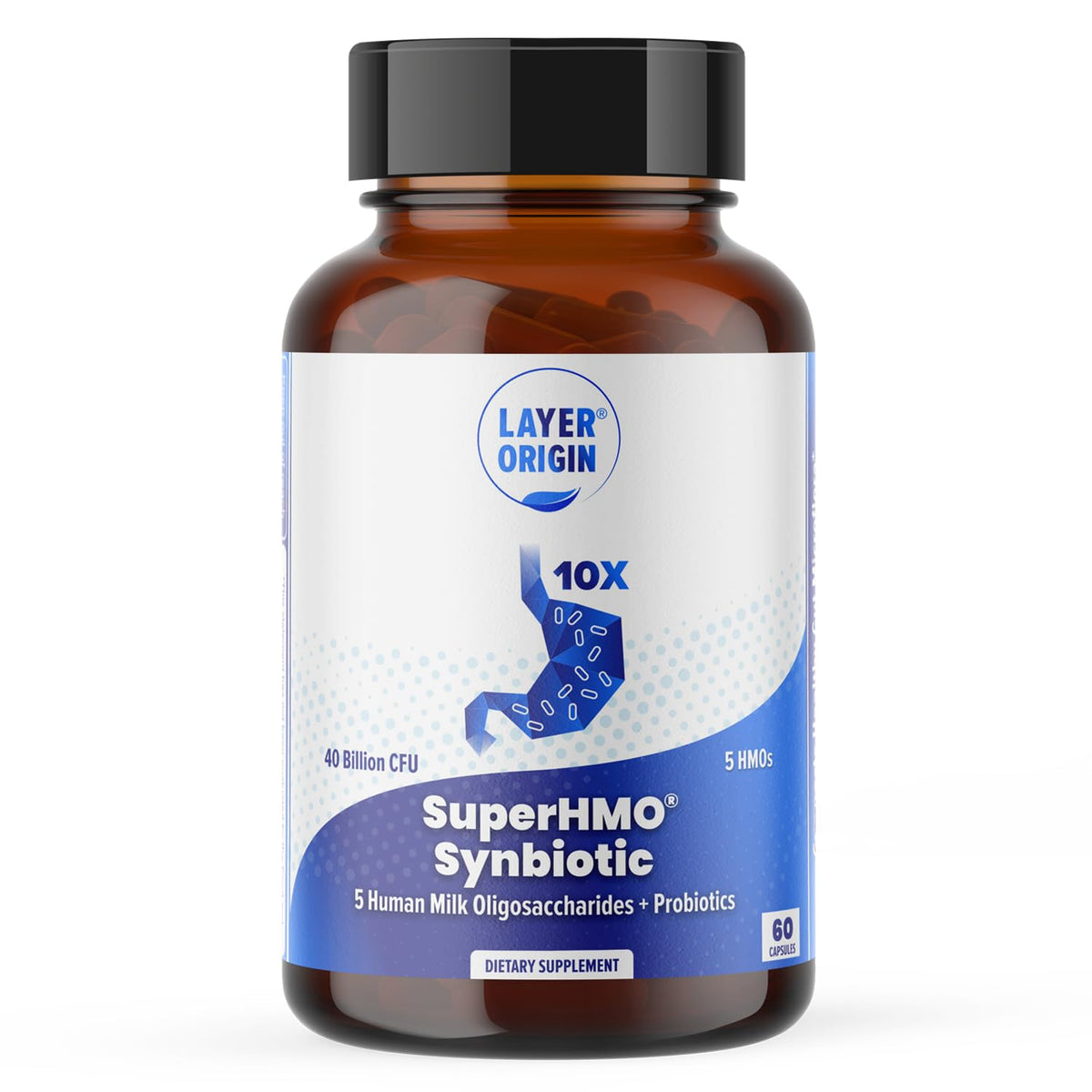 Layer Origin Synbiotic Capsules front view with packaging