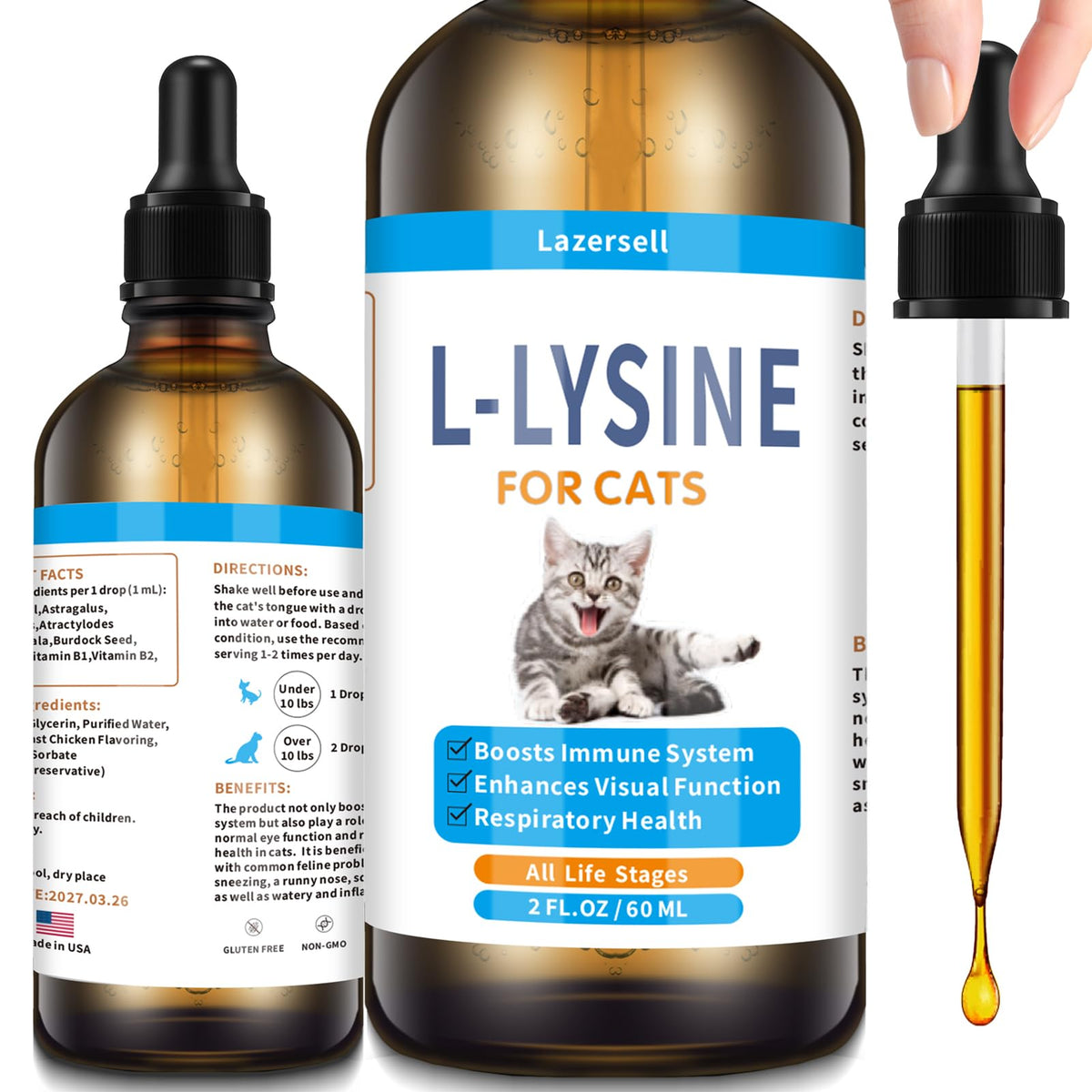 Lazersell L-Lysine liquid supplement for cats front view