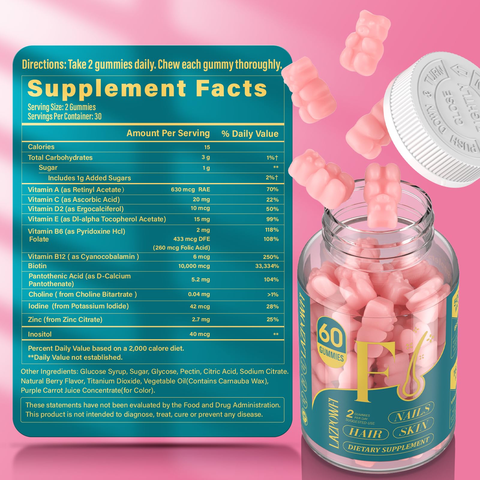 Lazpowfi Biotin Gummies displayed on a kitchen counter