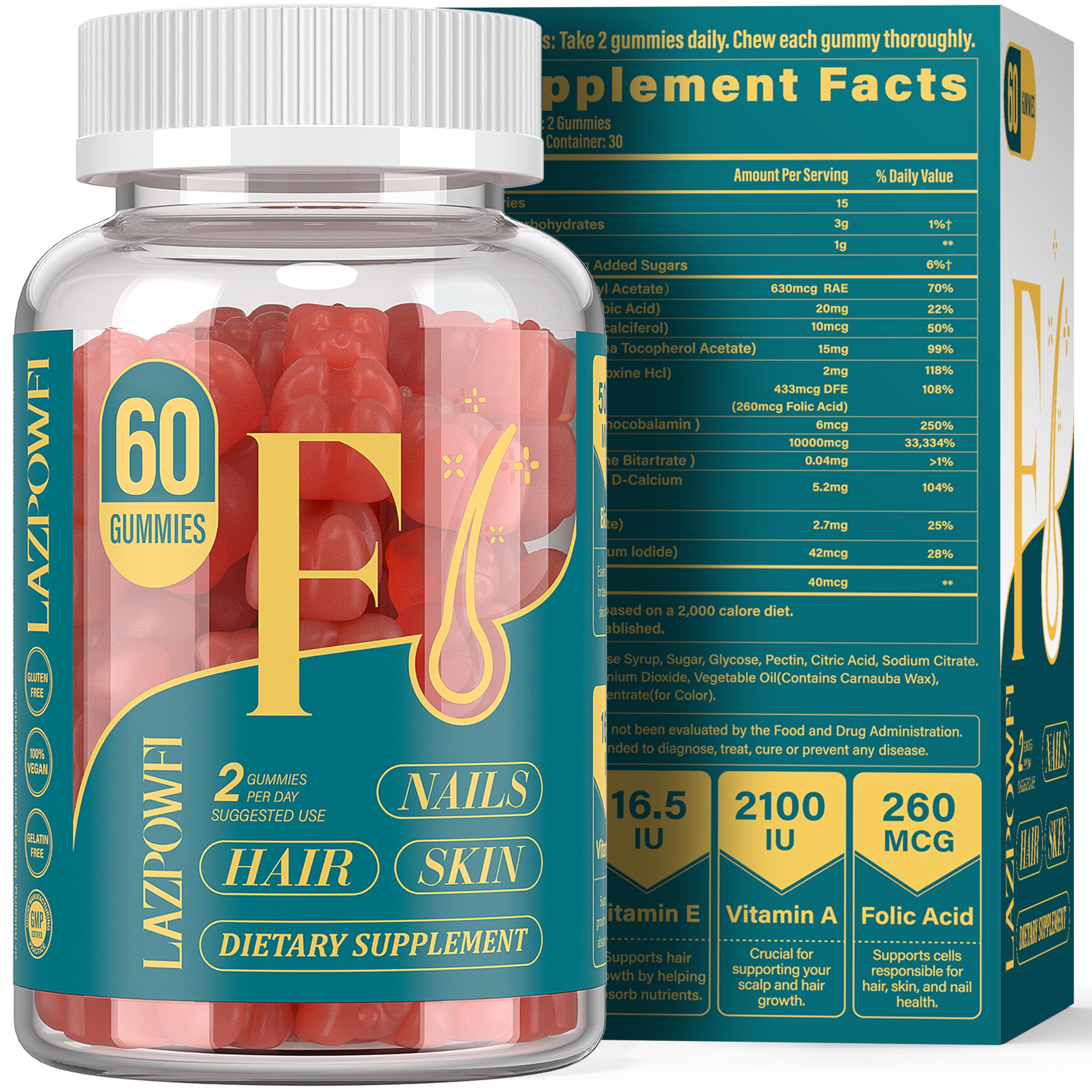 Lazpowfi Biotin Gummies front view with packaging
