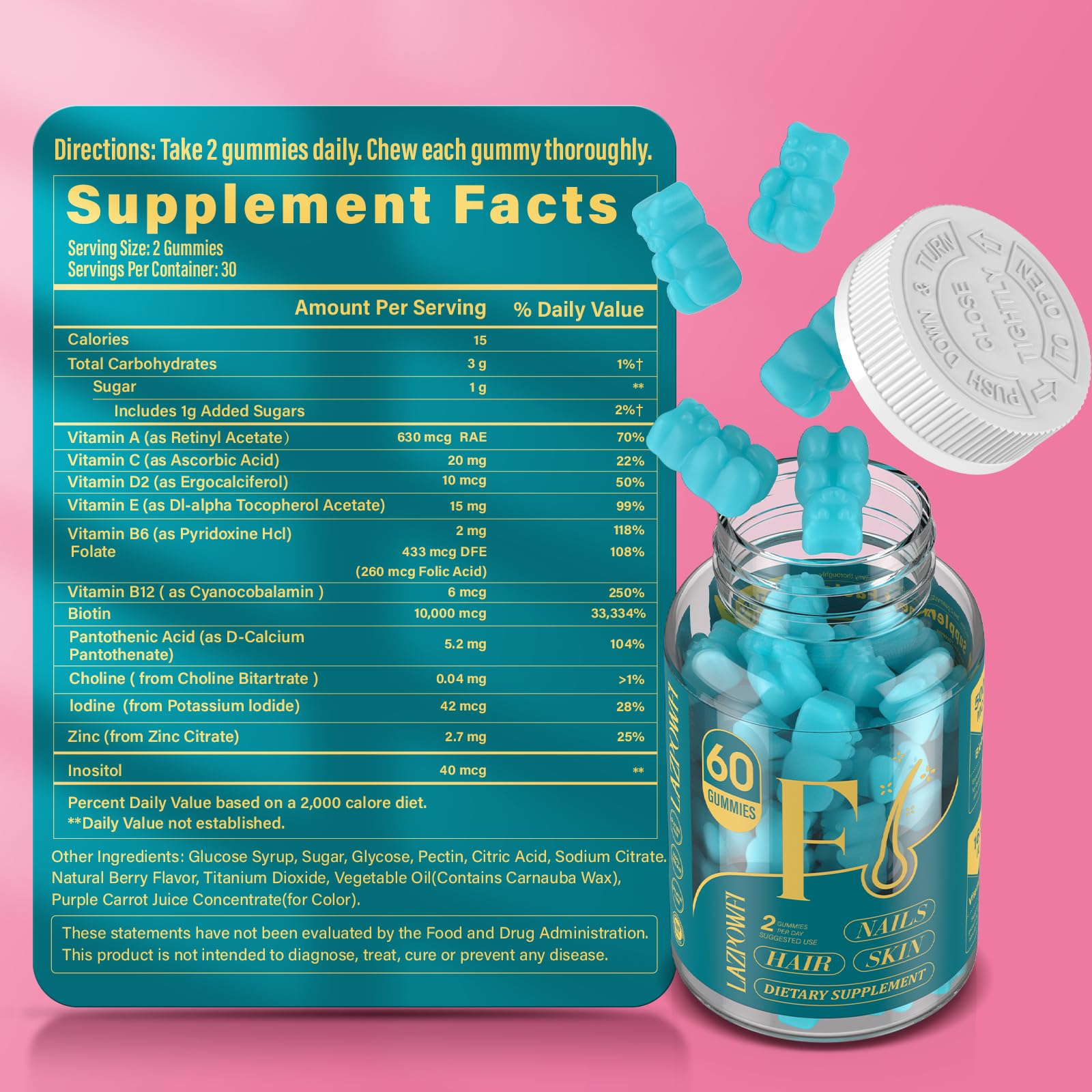 Lazpowfi Biotin Gummies on a wooden table