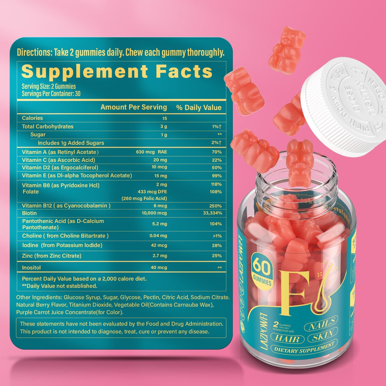 Lazpowfi Biotin Gummies with a glass of water