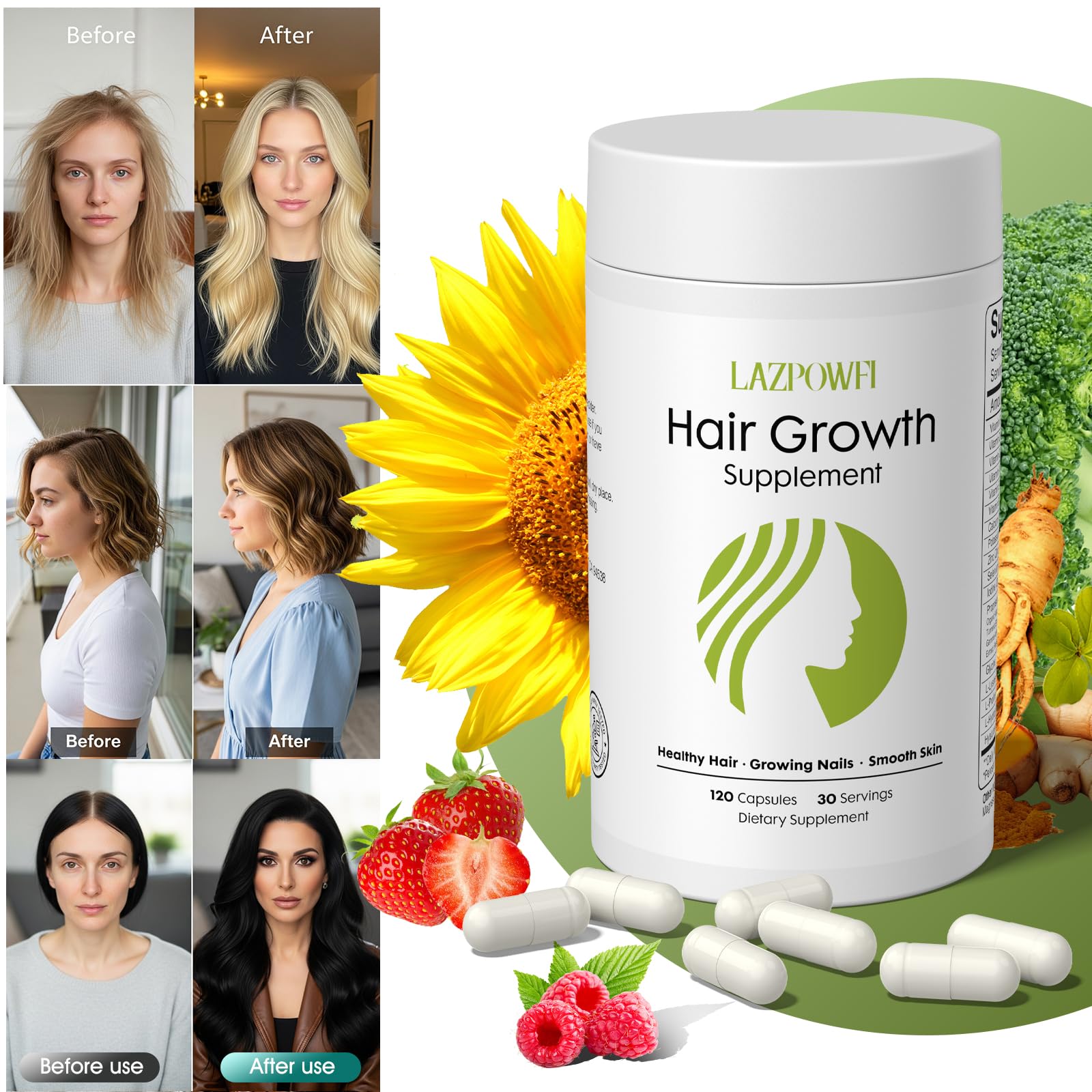 Lazpowfi Hair Growth Supplement capsules on a wooden surface