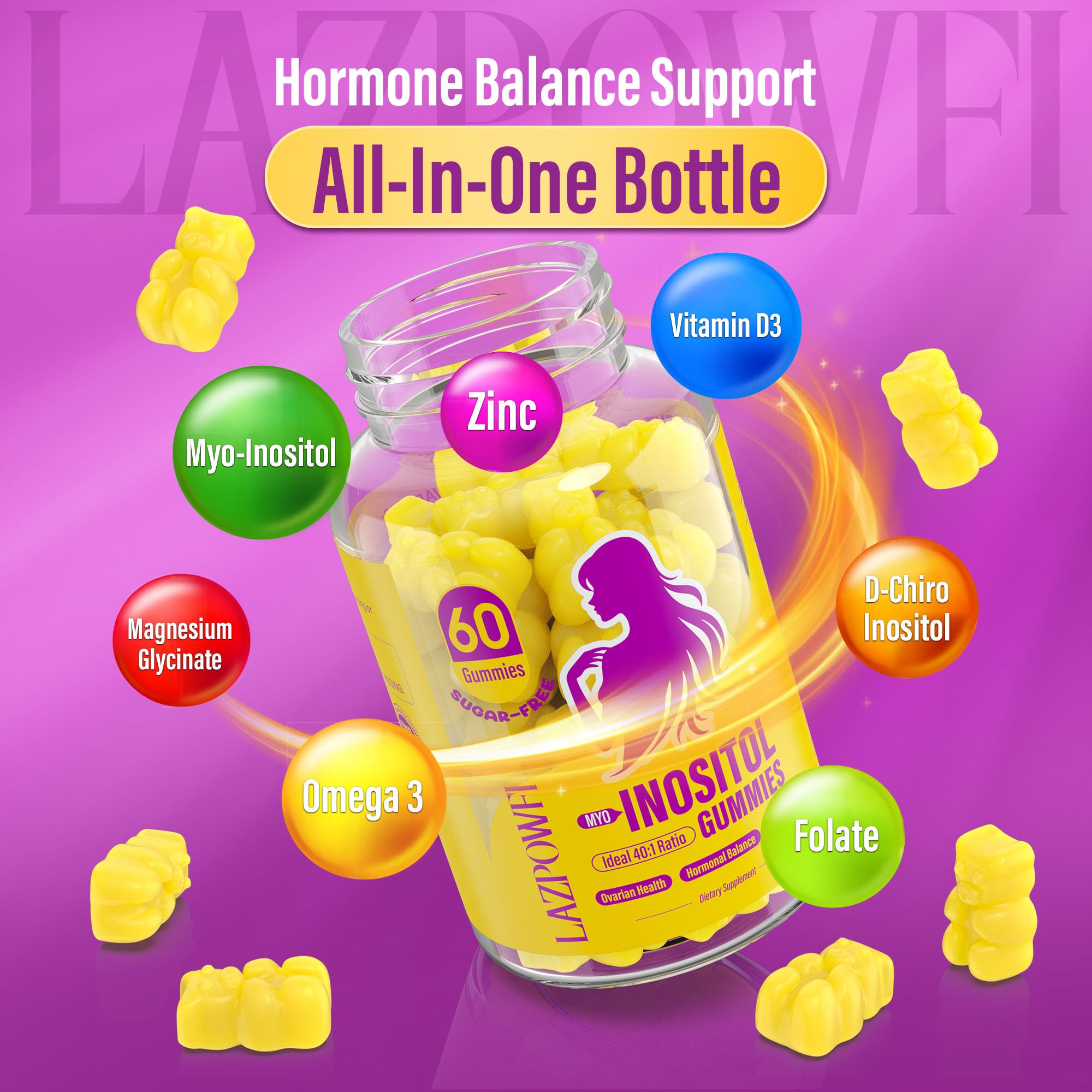 Lazpowfi Inositol Gummies on a wooden table