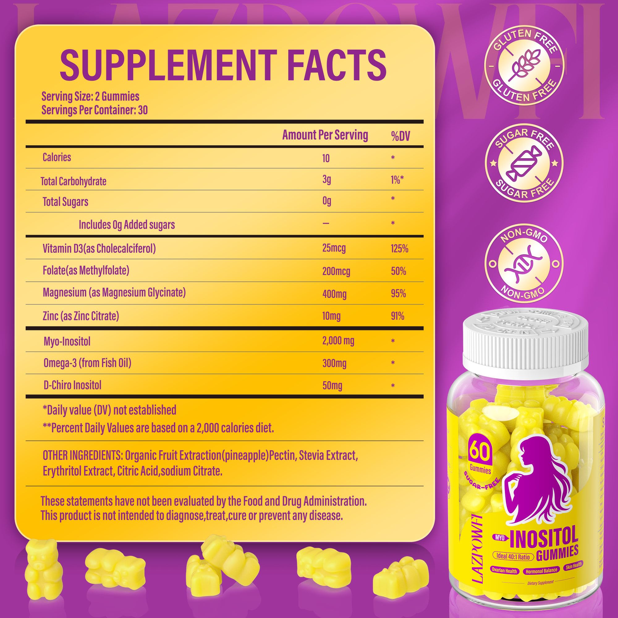 Lazpowfi Inositol Gummies with a measuring spoon