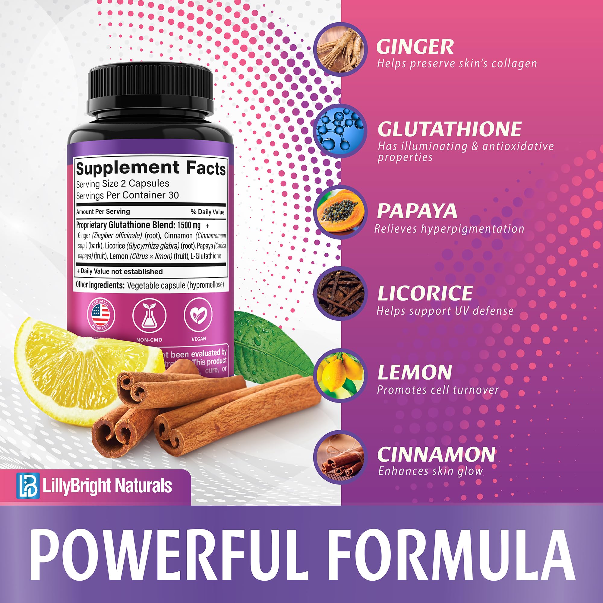 LB Lillybright Naturals L-Glutathione Capsules close-up of ingredients