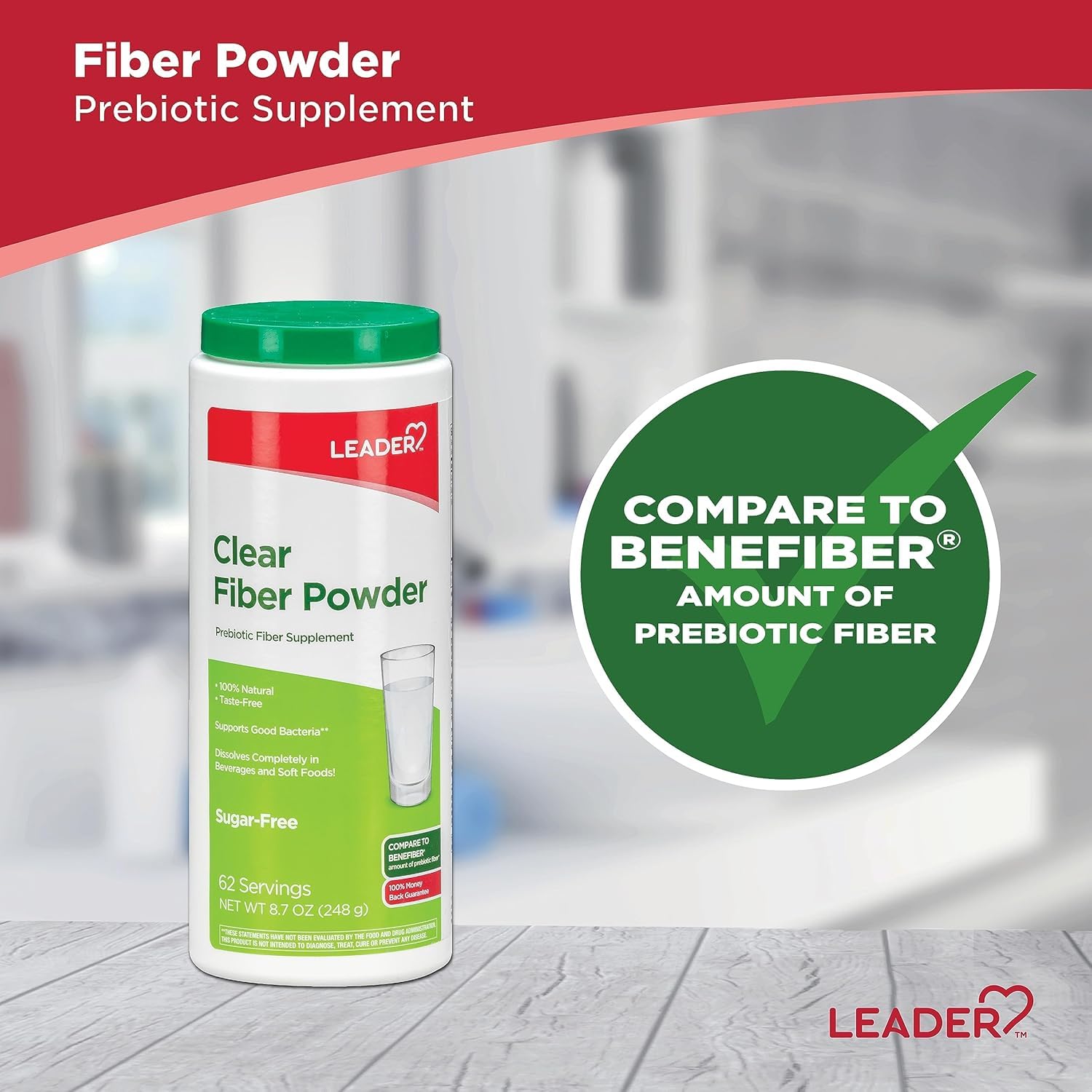 Leader Prebiotic Fiber Powder 630g mixed in a glass of water