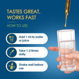 LeaforClensey Herbal Supplement 141g liquid formula in a glass of water