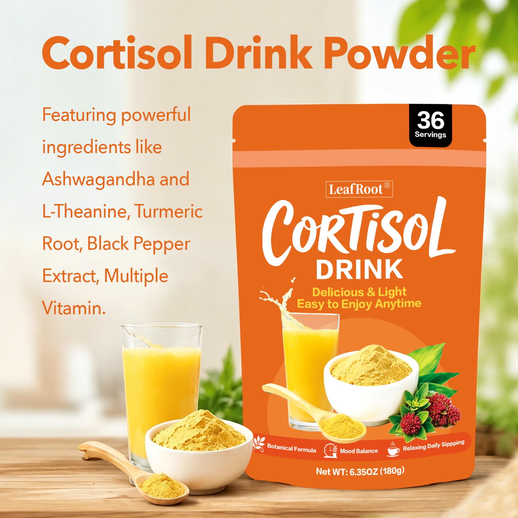 Leafroot Cortisol Drink Powder mixed in a glass of water