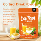 Leafroot Cortisol Drink Powder mixed in a glass of water