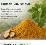 Leafy Organic Goldenseal Root Powder 100g with fresh herbs