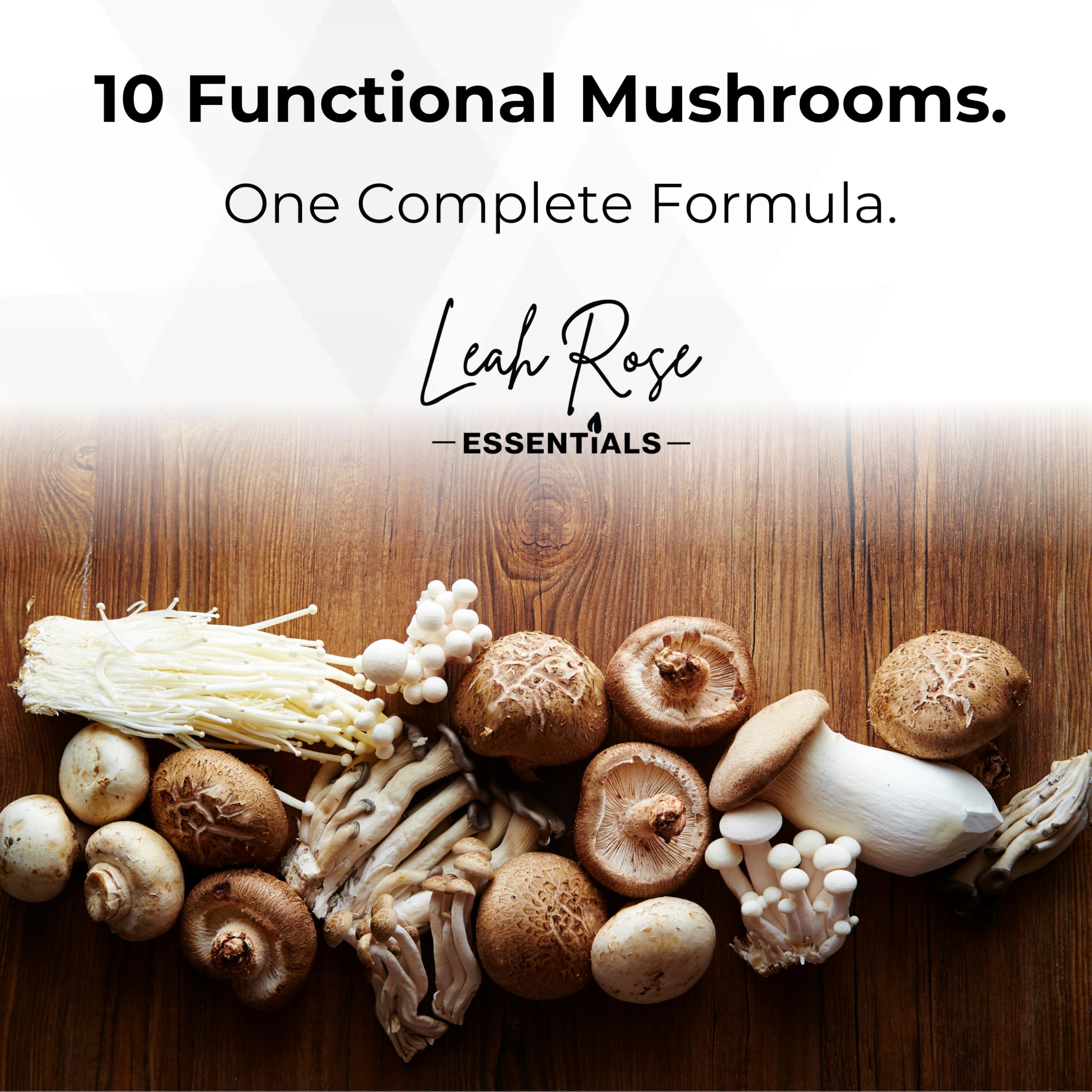 Leah Rose Essentials Mushroom Complex 10 Blend capsules on a marble surface
