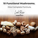 Leah Rose Essentials Mushroom Complex 10 Blend capsules on a marble surface