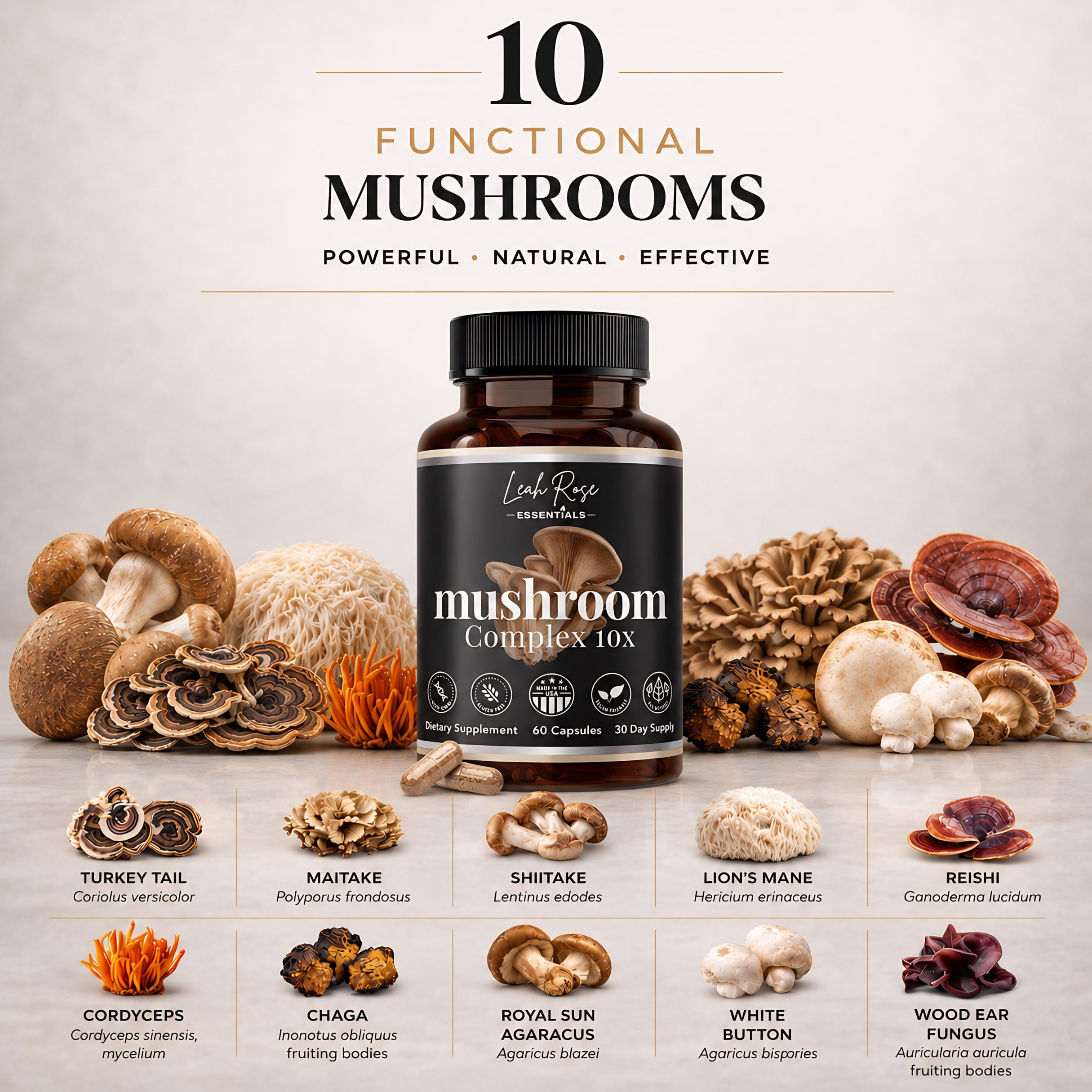 Leah Rose Essentials Mushroom Complex 10 Blend capsules on a wooden table