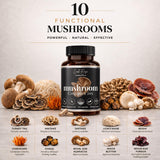 Leah Rose Essentials Mushroom Complex 10 Blend capsules on a wooden table