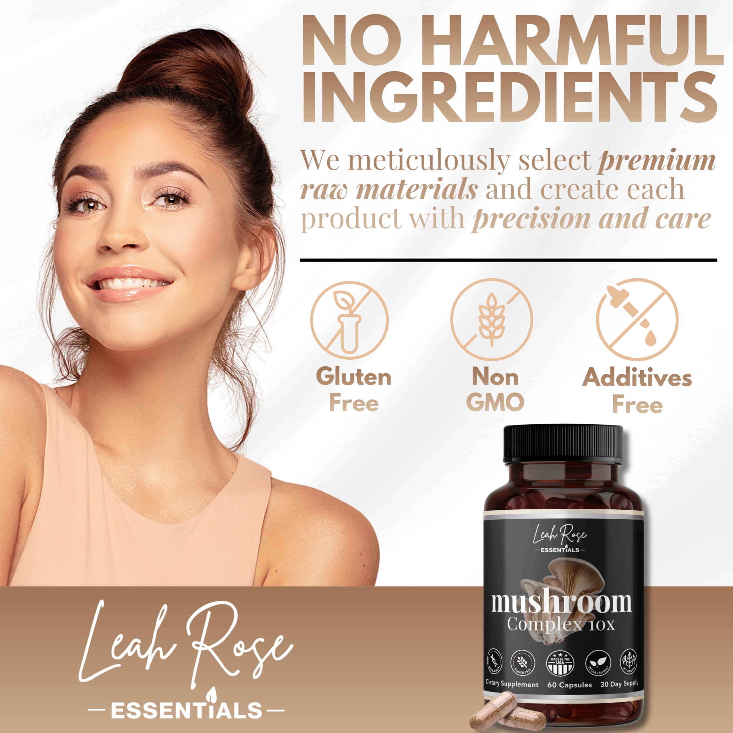 Leah Rose Essentials Mushroom Complex 10 Blend capsules with a measuring spoon