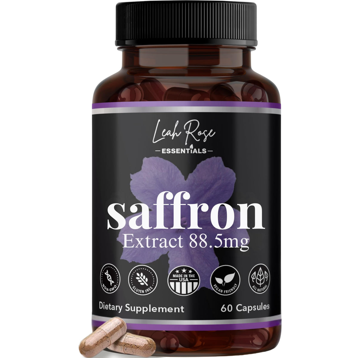 Leah Rose Essentials Pure Saffron Supplements bottle front view