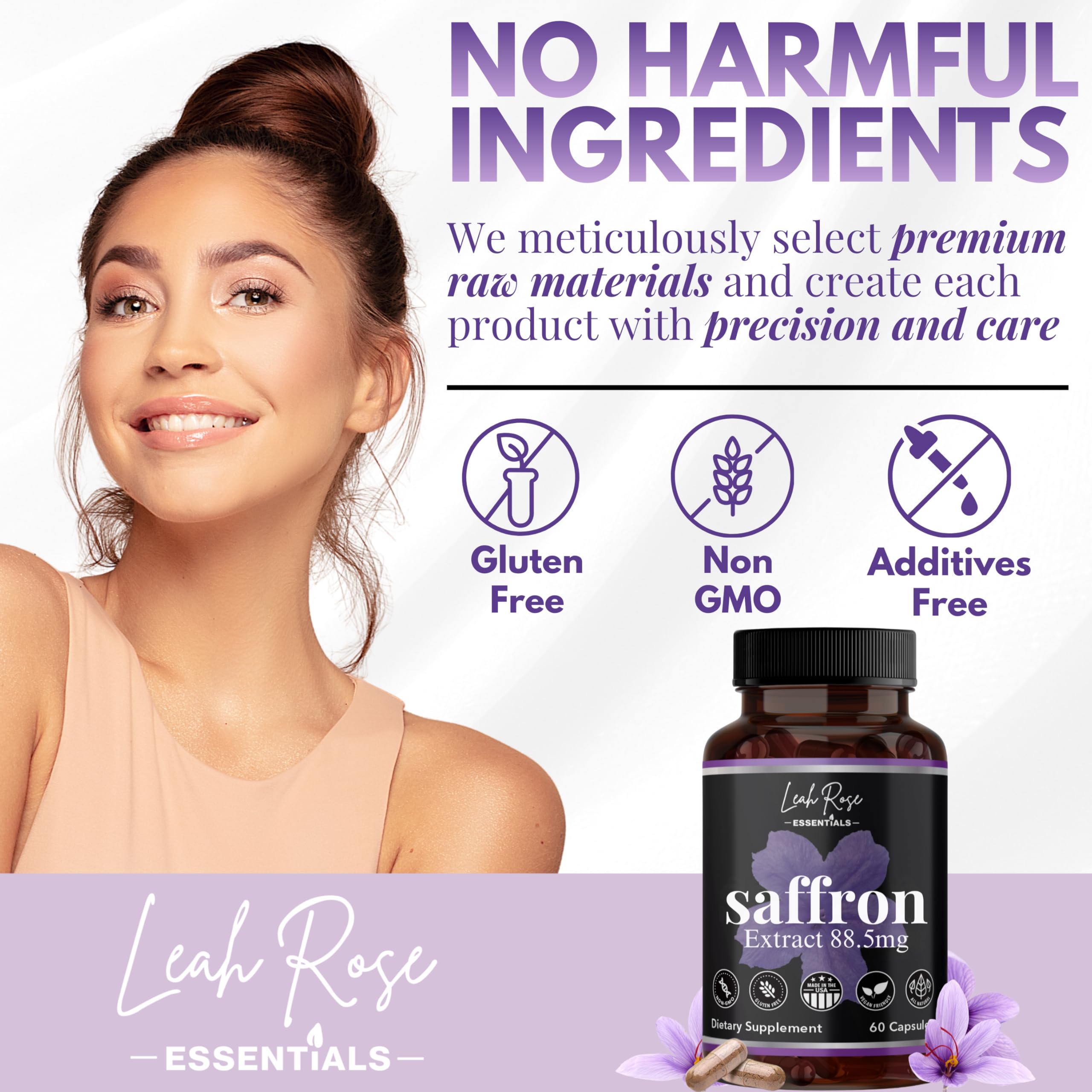 Leah Rose Essentials Pure Saffron Supplements bottle with measuring spoon