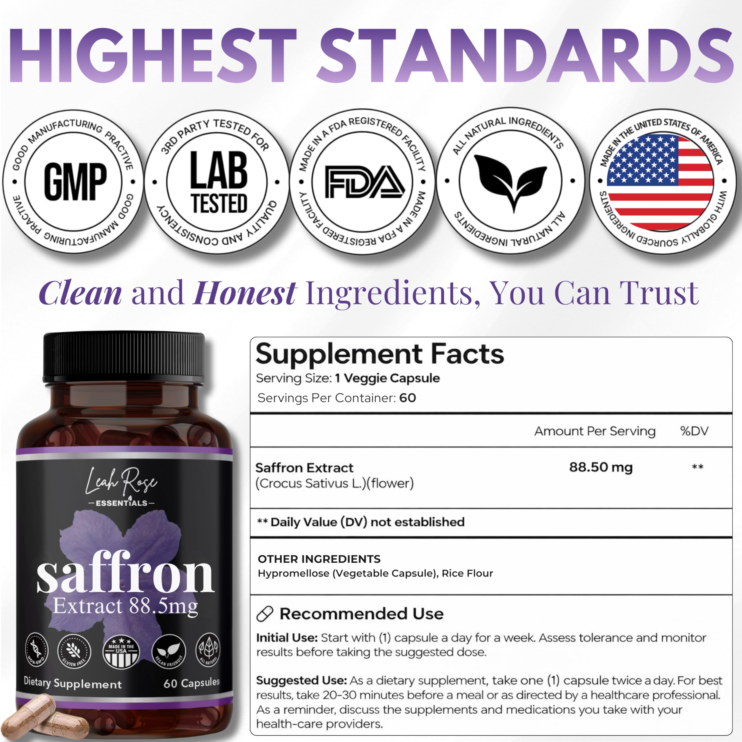 Leah Rose Essentials Pure Saffron Supplements capsules close-up