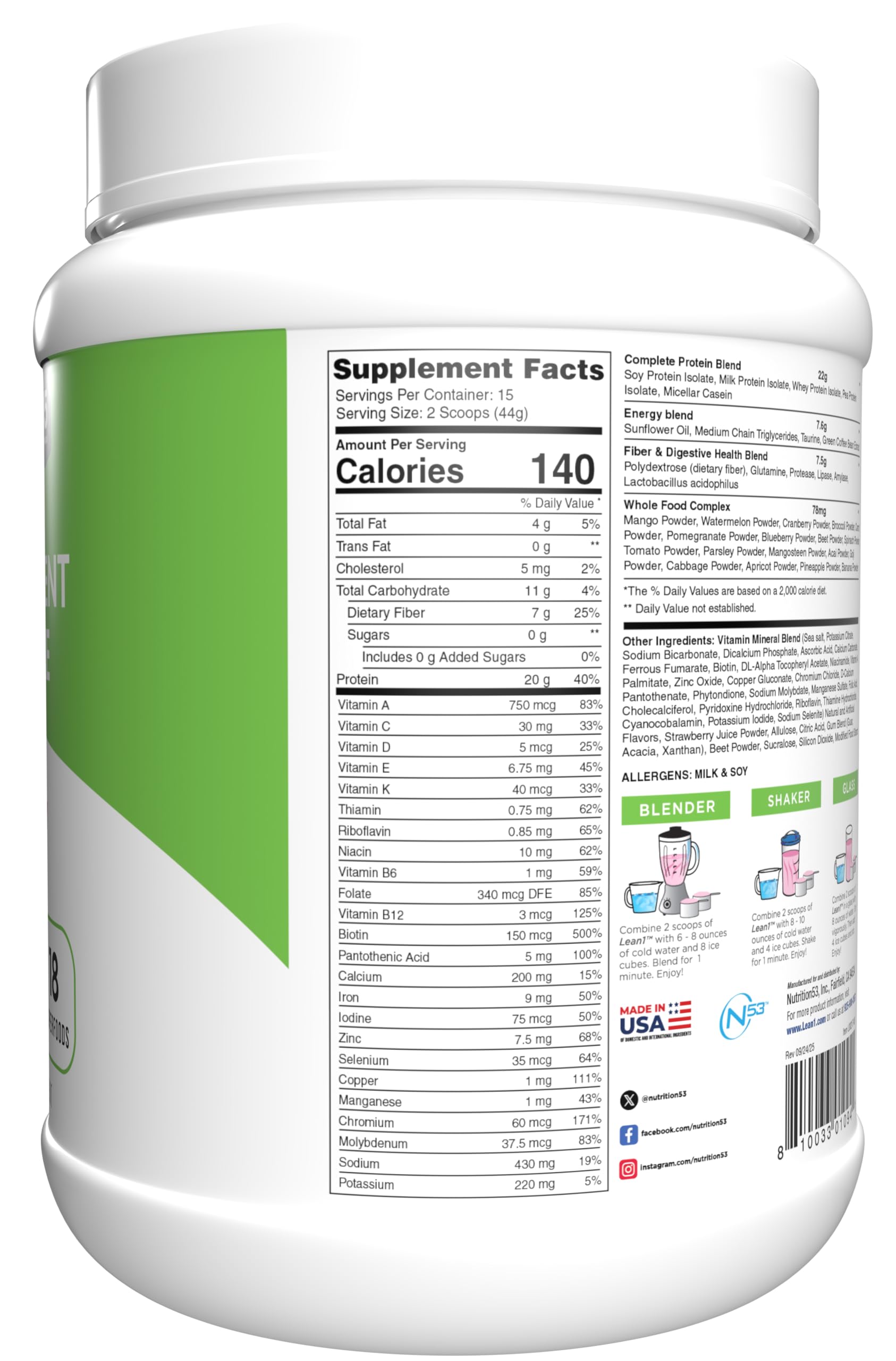 LEAN1 Protein Powder 771g back view with nutritional information