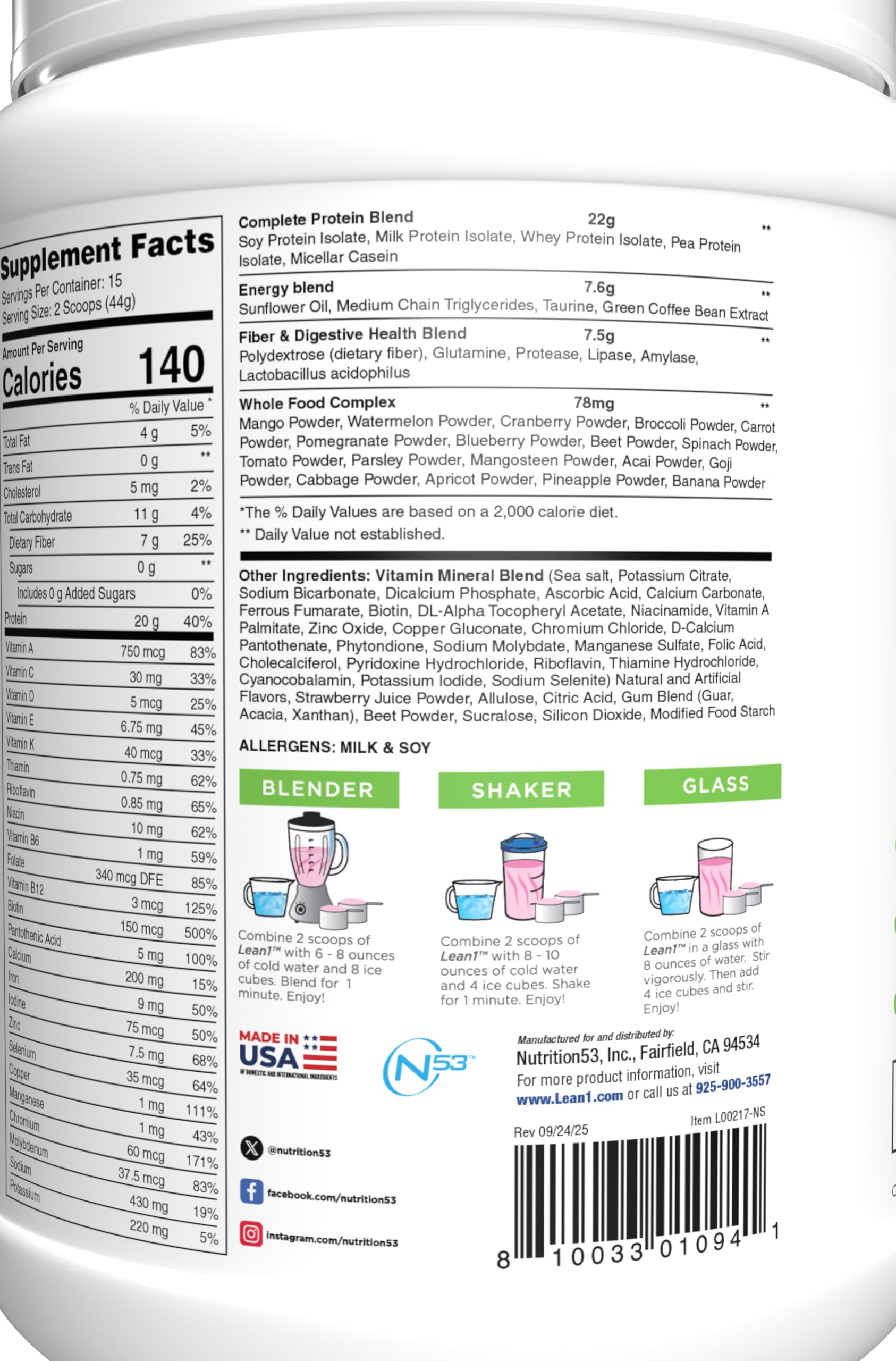 LEAN1 Protein Powder 771g mixed in a shaker