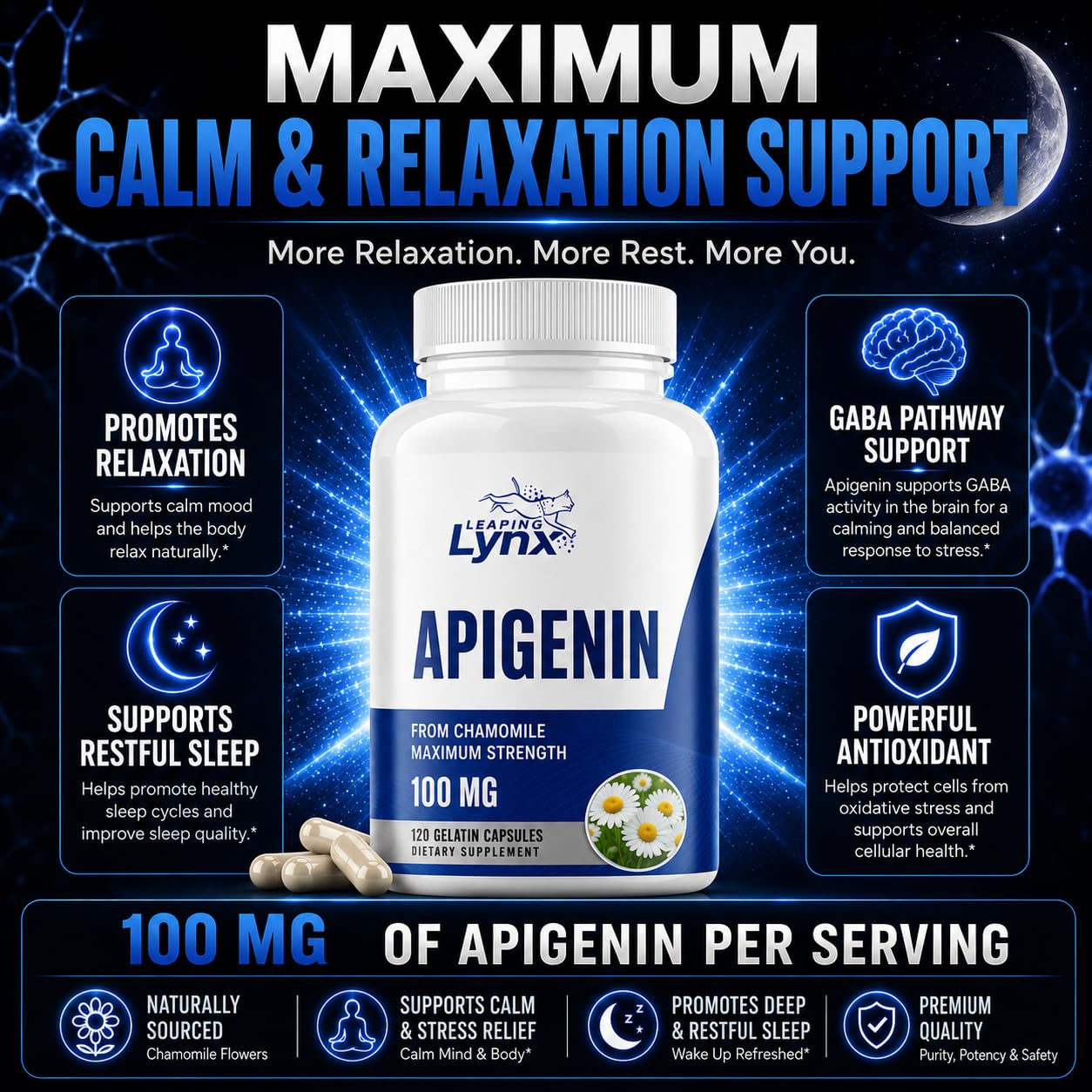 Leaping Lynx Apigenin capsules on a wooden surface