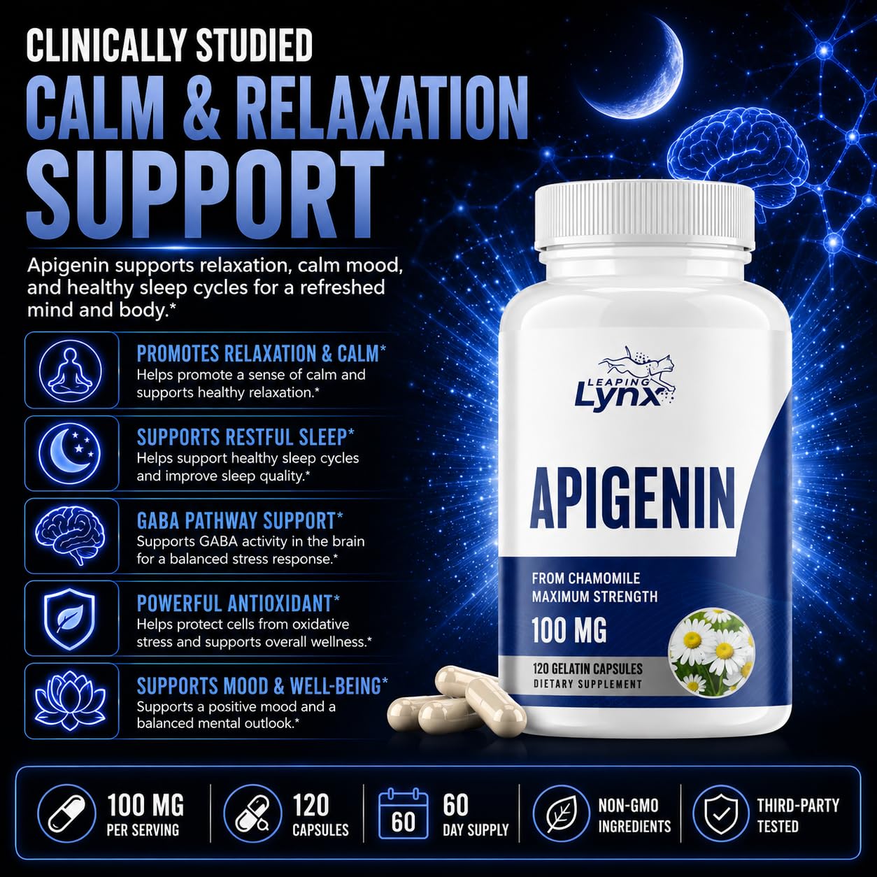 Leaping Lynx Apigenin Supplement capsules in a hand