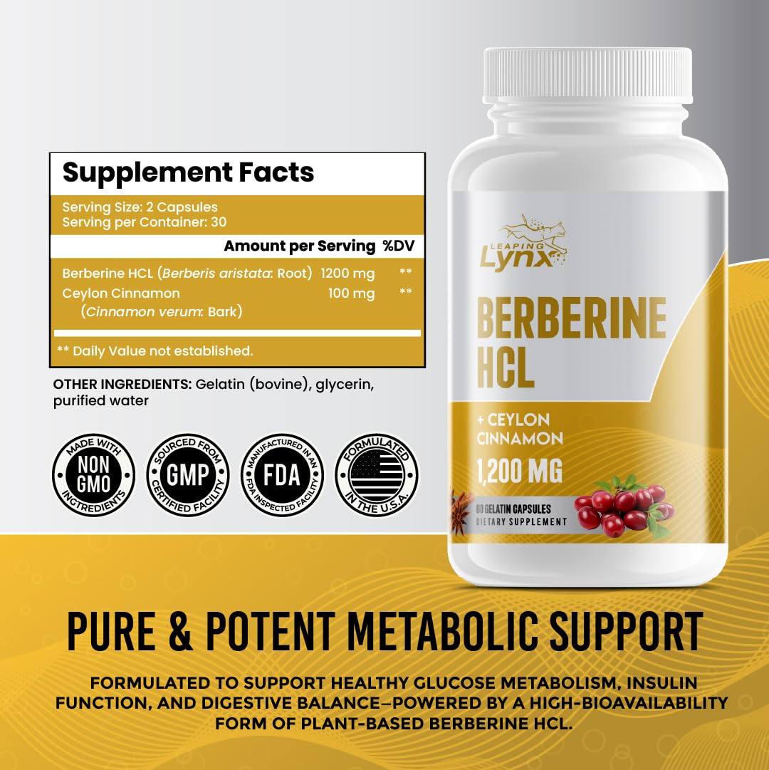 Leaping Lynx Berberine HCl 1200mg capsules bottle with label