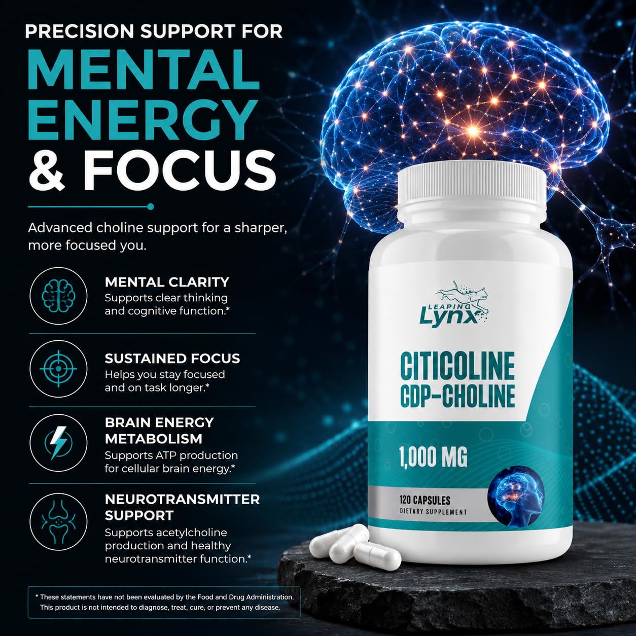 Leaping Lynx Citicoline 1000 mg supplement capsules on a table