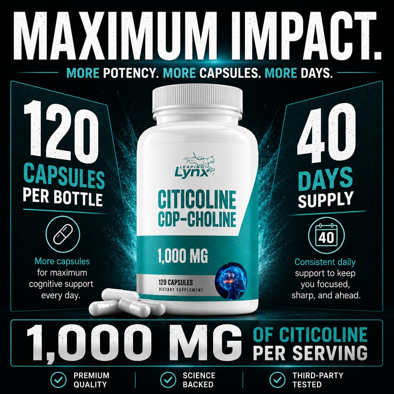 Leaping Lynx Citicoline 1000 mg supplement side view
