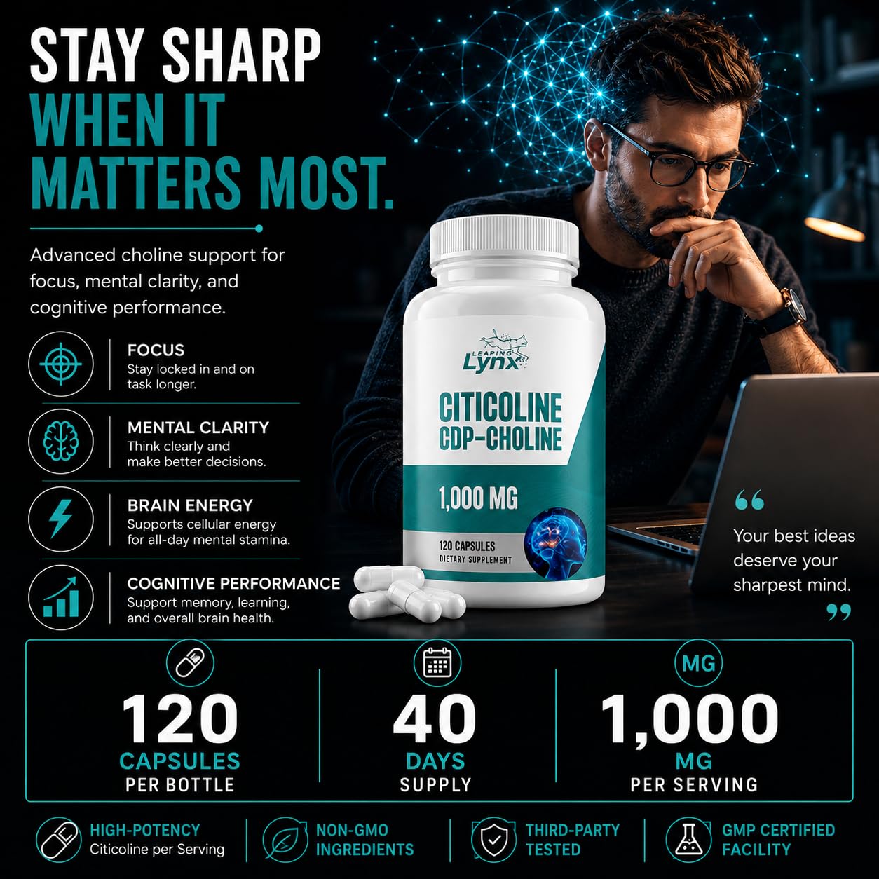Leaping Lynx Citicoline 1000 mg supplement with measuring spoon