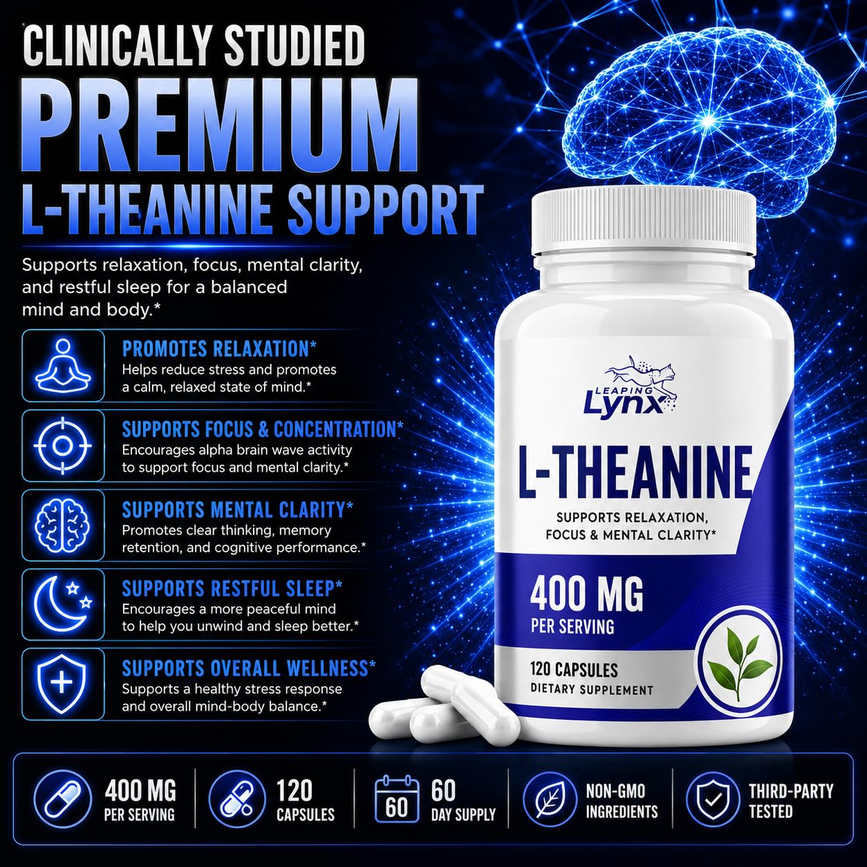 Leaping Lynx L-Theanine Supplement 400mg bottle with label visible