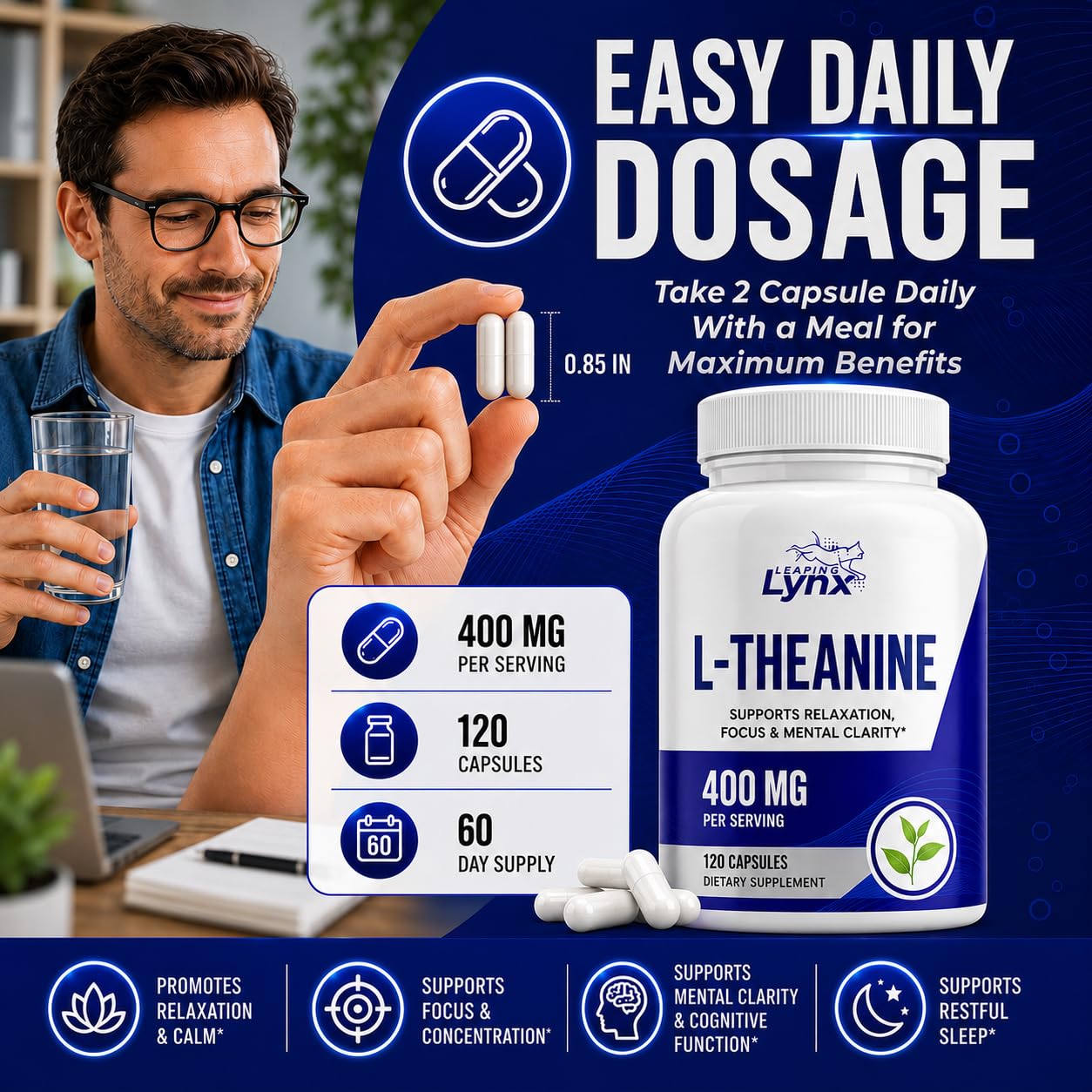 Leaping Lynx L-Theanine Supplement 400mg capsules in hand