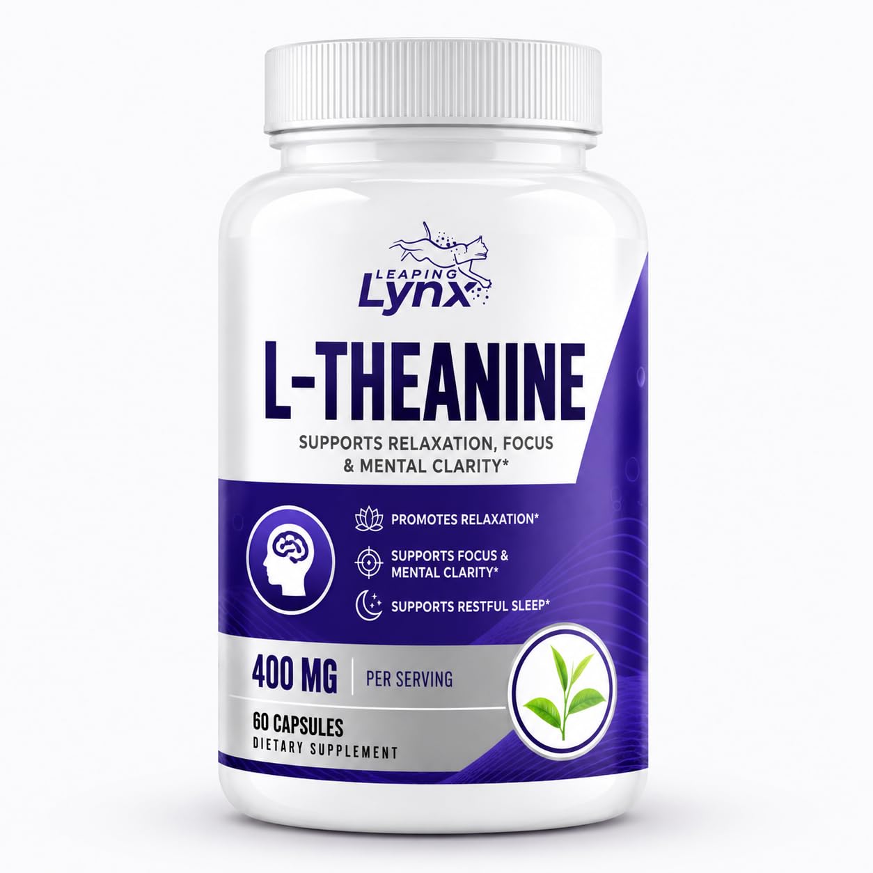 Leaping Lynx L-Theanine Supplement 400mg front view of bottle