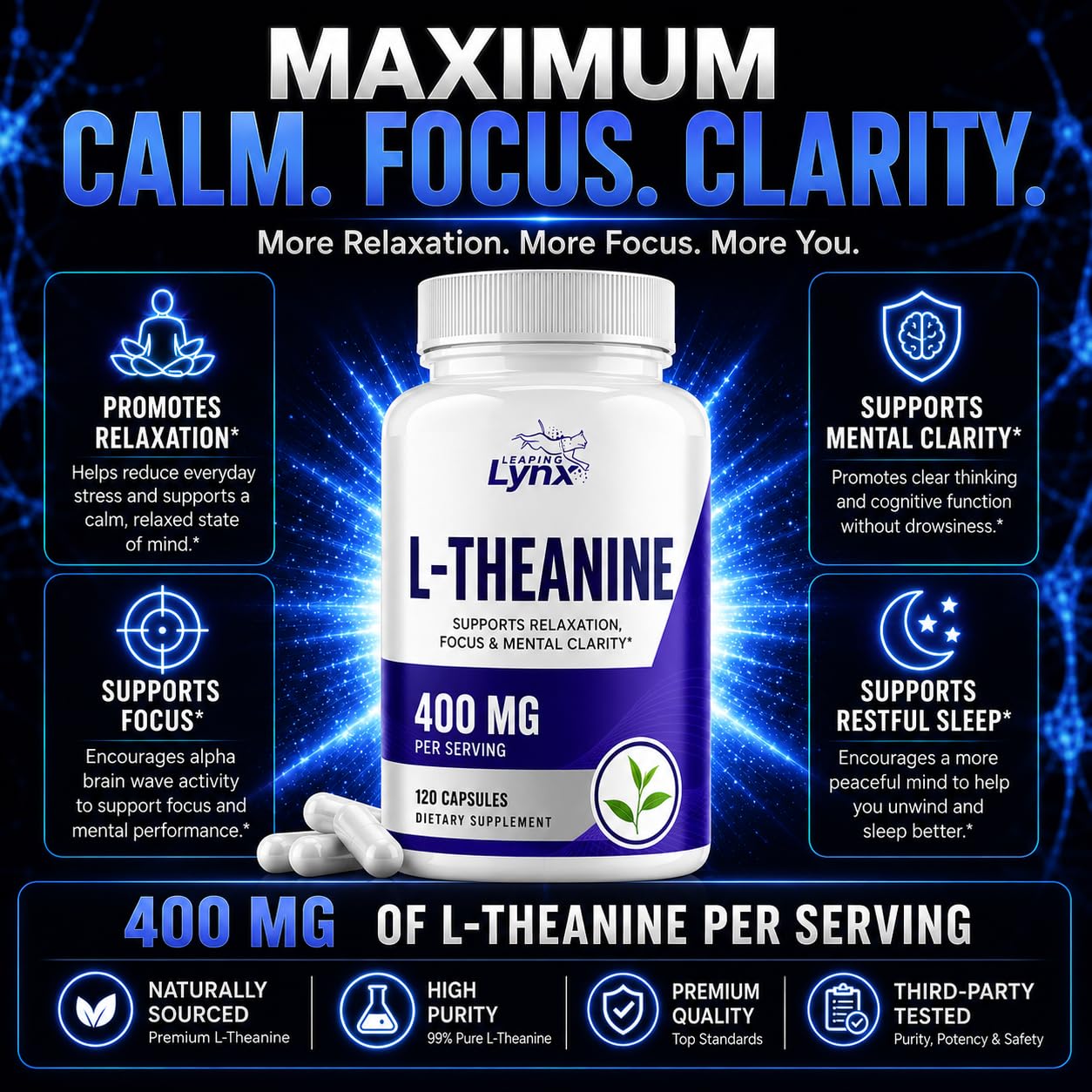 Leaping Lynx L-Theanine Supplement 400mg side view of bottle