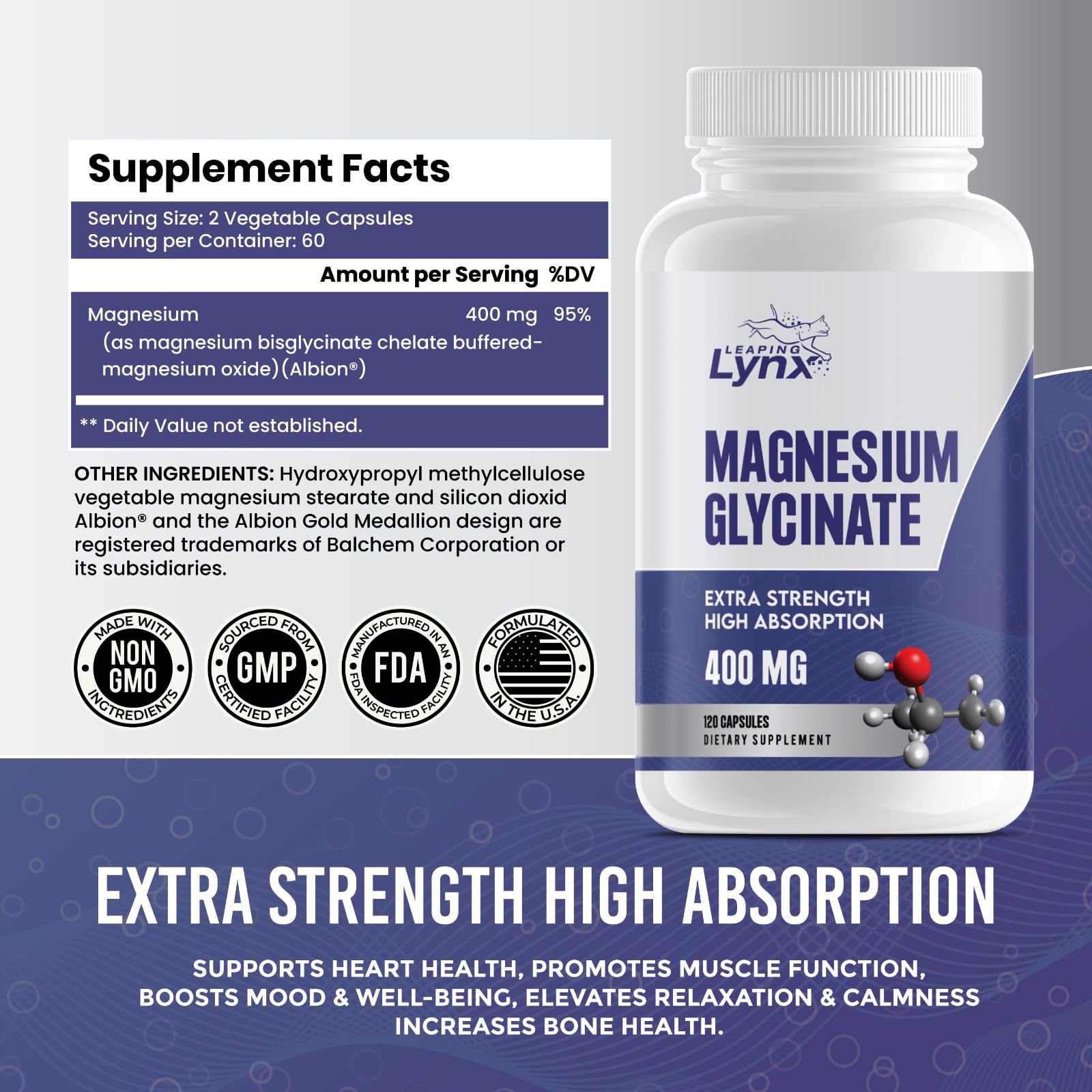 Leaping Lynx Magnesium Glycinate capsules on a table
