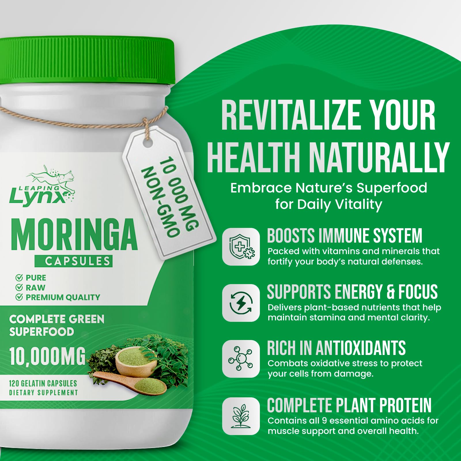 Leaping Lynx Moringa Leaf Extract 120 capsules packaging