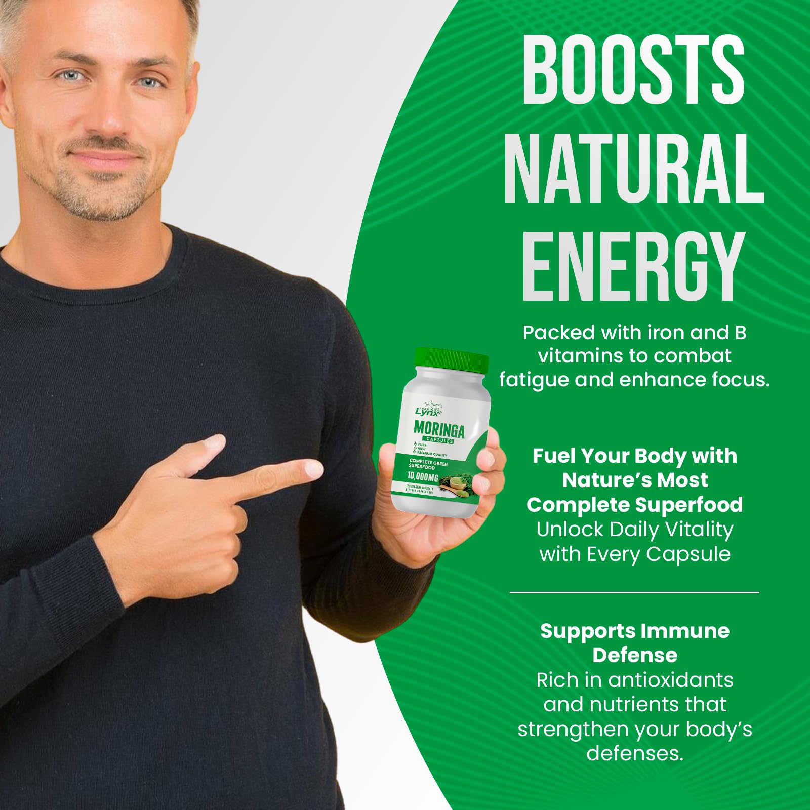 Leaping Lynx Moringa Leaf Extract 1200mg capsules on a kitchen counter